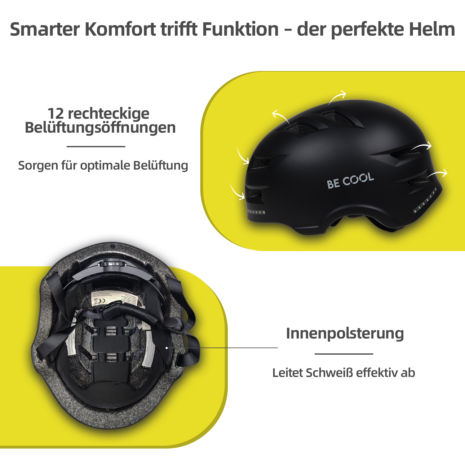 Schwarzer Helm mit weißen Pfeilen und Belüftung. Text auf gelbem Grund.