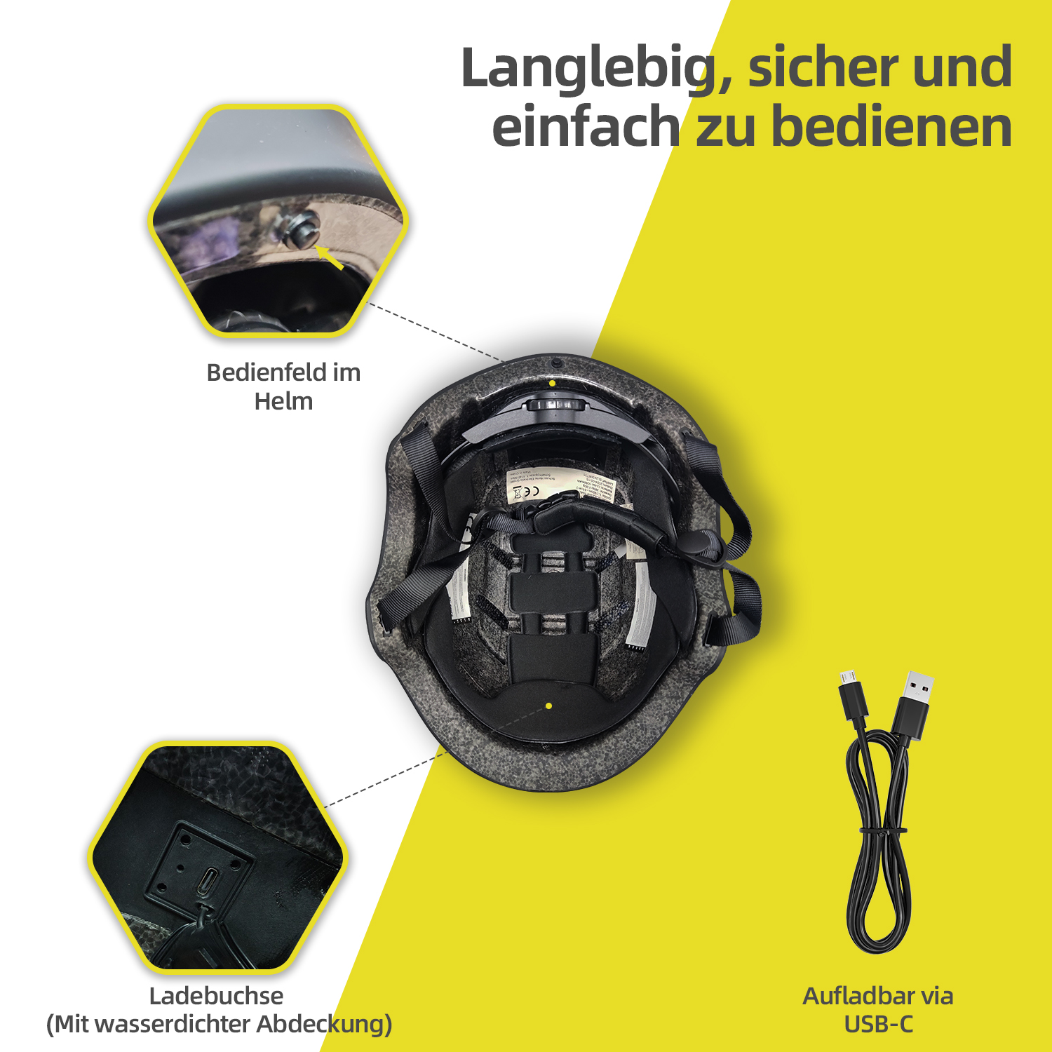 Fahrradhelm-Innenraum mit Details zu Ladeanschluss und USB-C-Kabel.