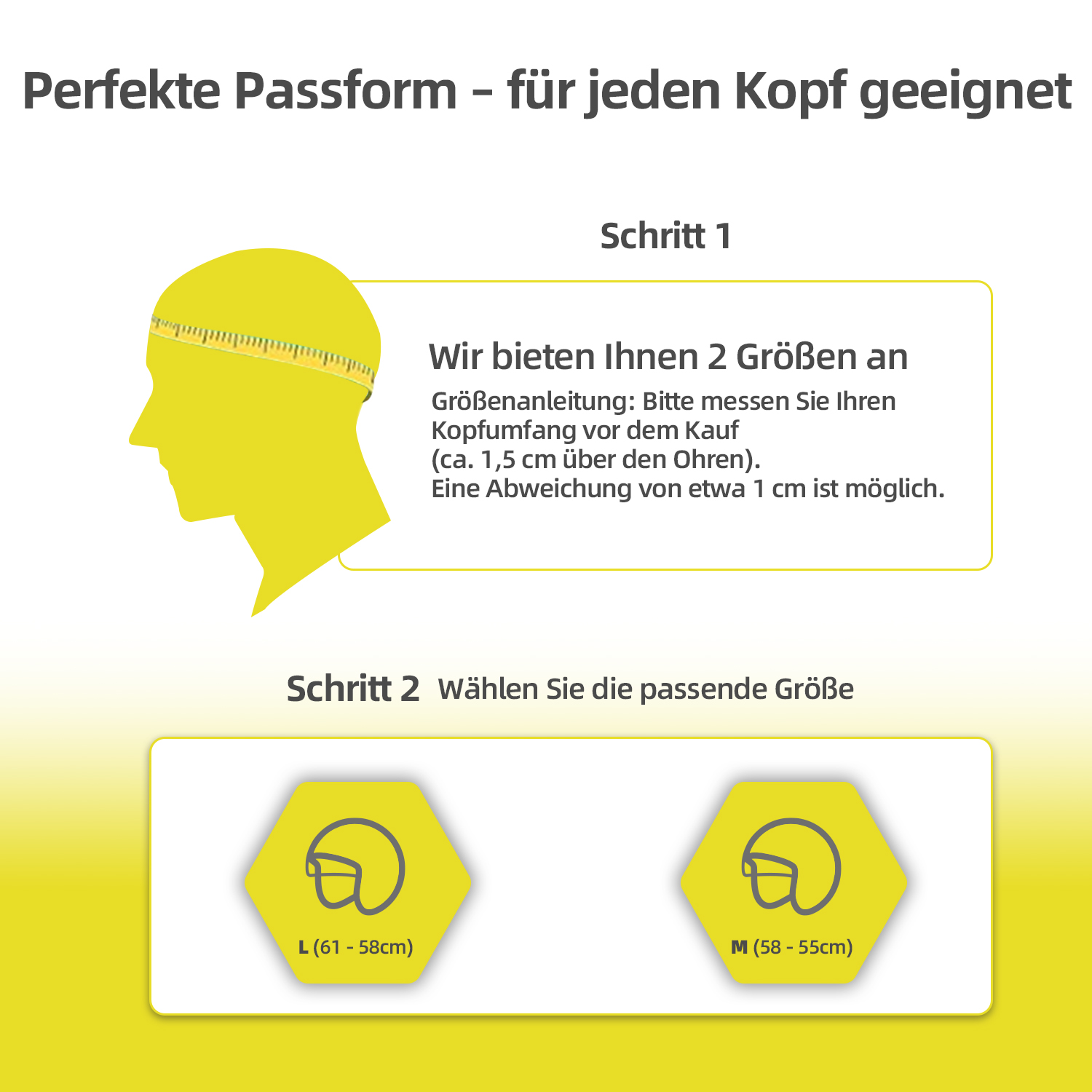 Kopf-Silhouette mit Maßband und zwei Helmgrößen-Optionen.
