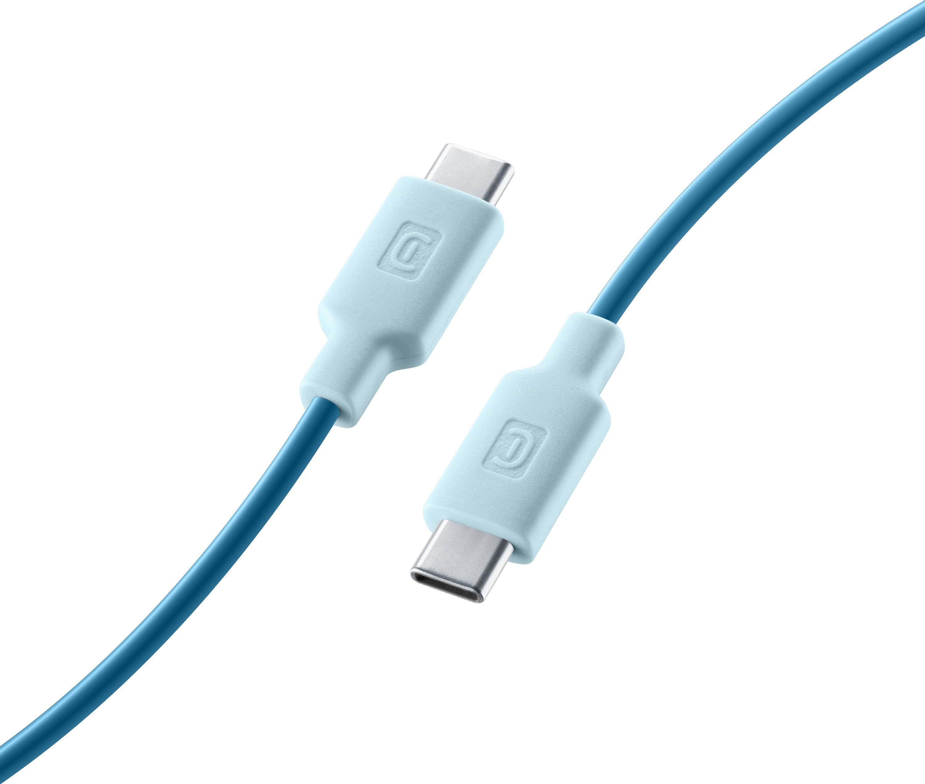 Primer plano de dos conectores USB-C azules con un cable azul.