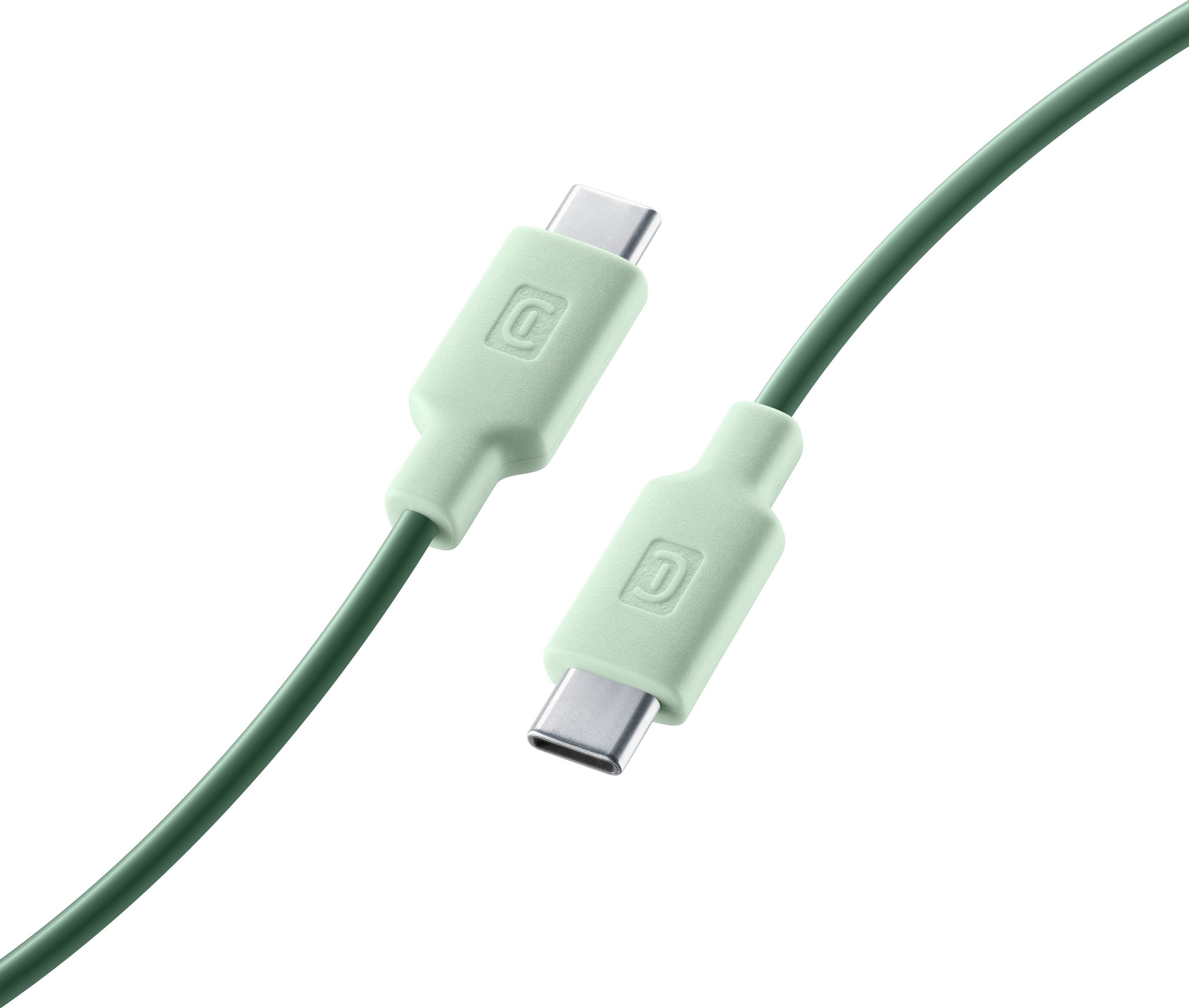 Primer plano de dos cables y conectores USB-C verde claro sobre fondo blanco.