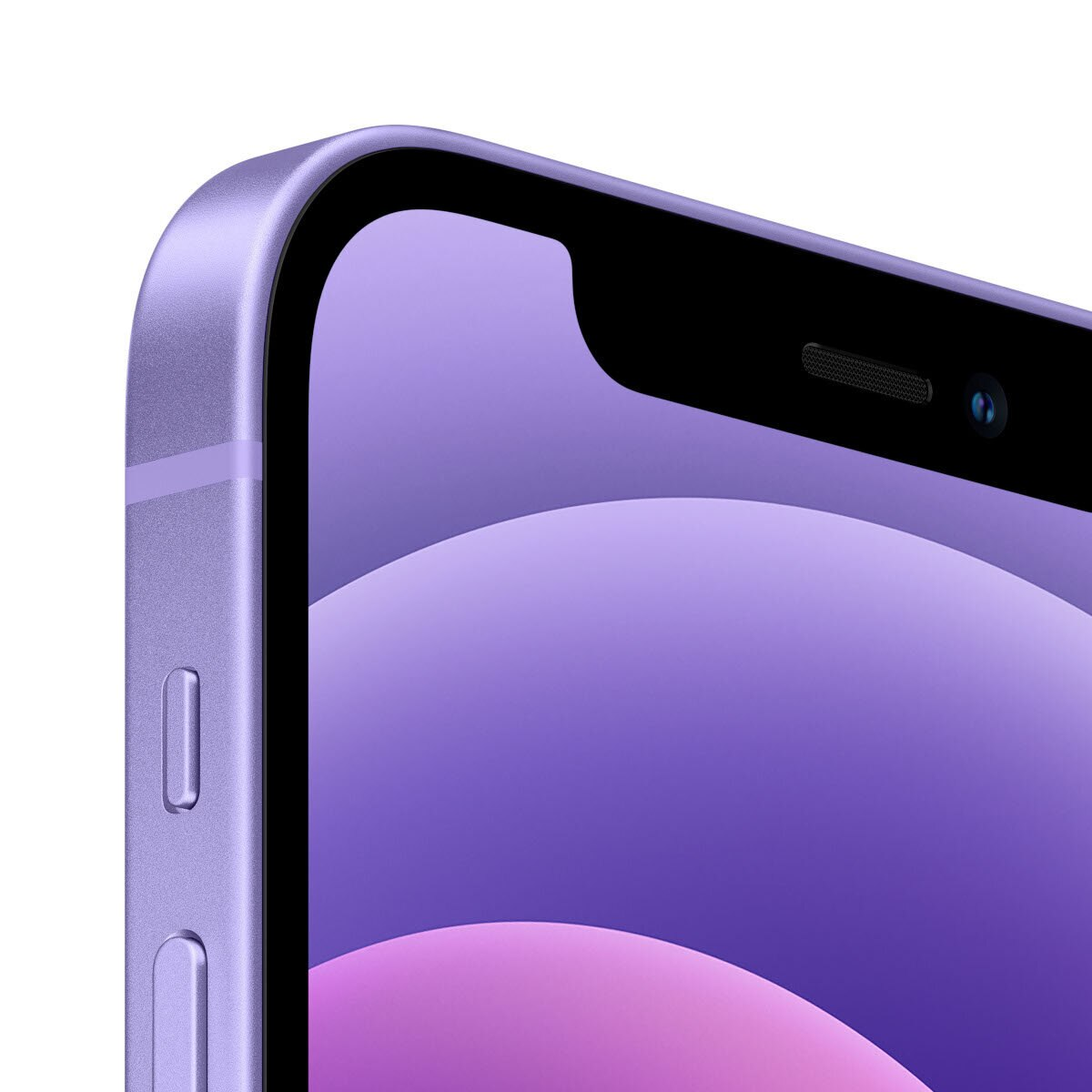 Primo piano di smartphone viola, mostra bordo superiore e fotocamera.