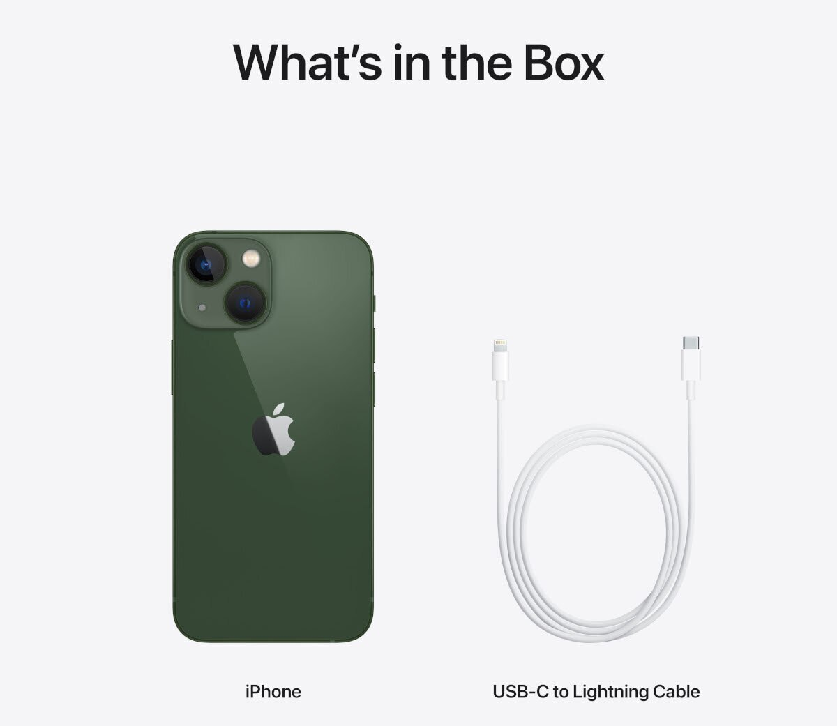 Zielony iPhone 13, widok z tyłu, z białym kablem USB-C do Lightning. Telefon ma logo Apple.