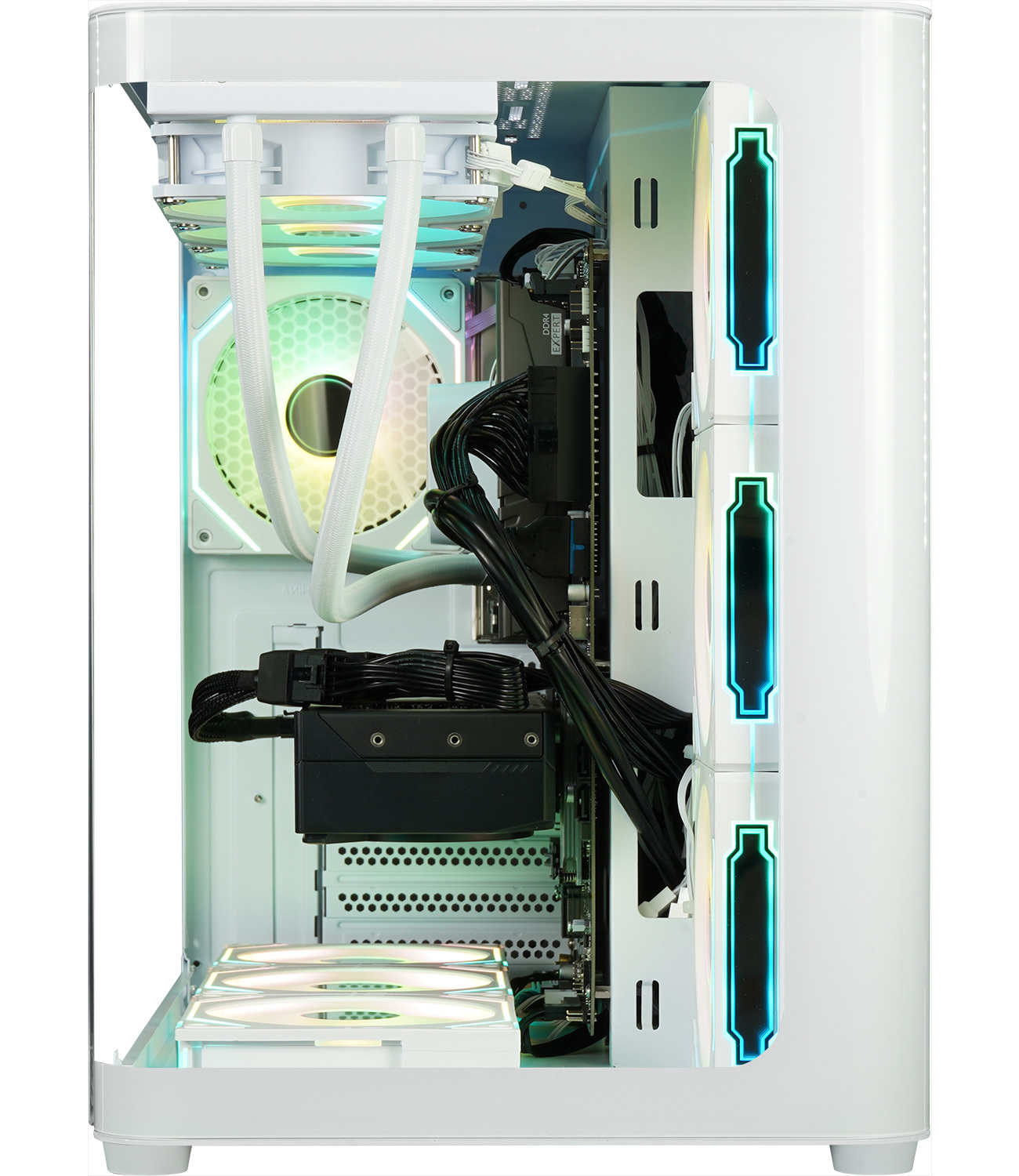 Boîtier d'ordinateur blanc avec composants internes. Ventilateurs, refroidisseur et câbles visibles.