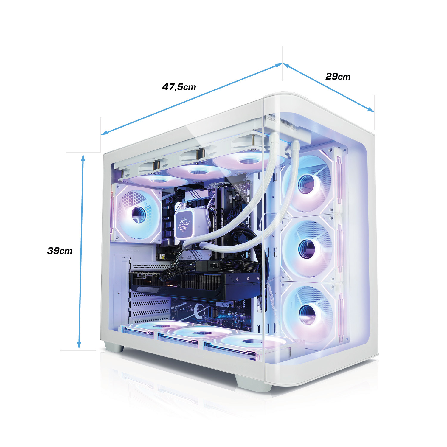 Boîtier d'ordinateur blanc avec côté ouvert. Composants internes éclairés en bleu, rose et blanc.