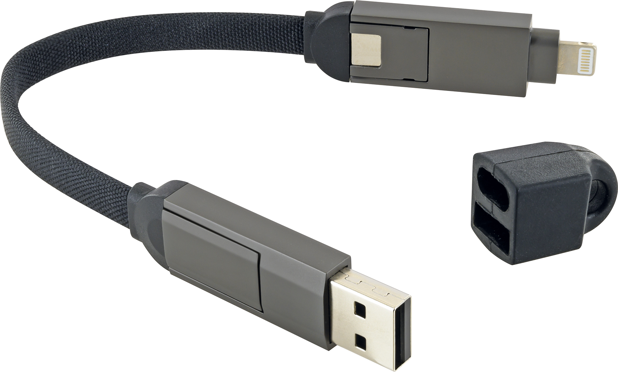 Schwarz-graues USB-zu-Lightning-Kabel. Enthält einen USB- und einen Lightning-Anschluss.