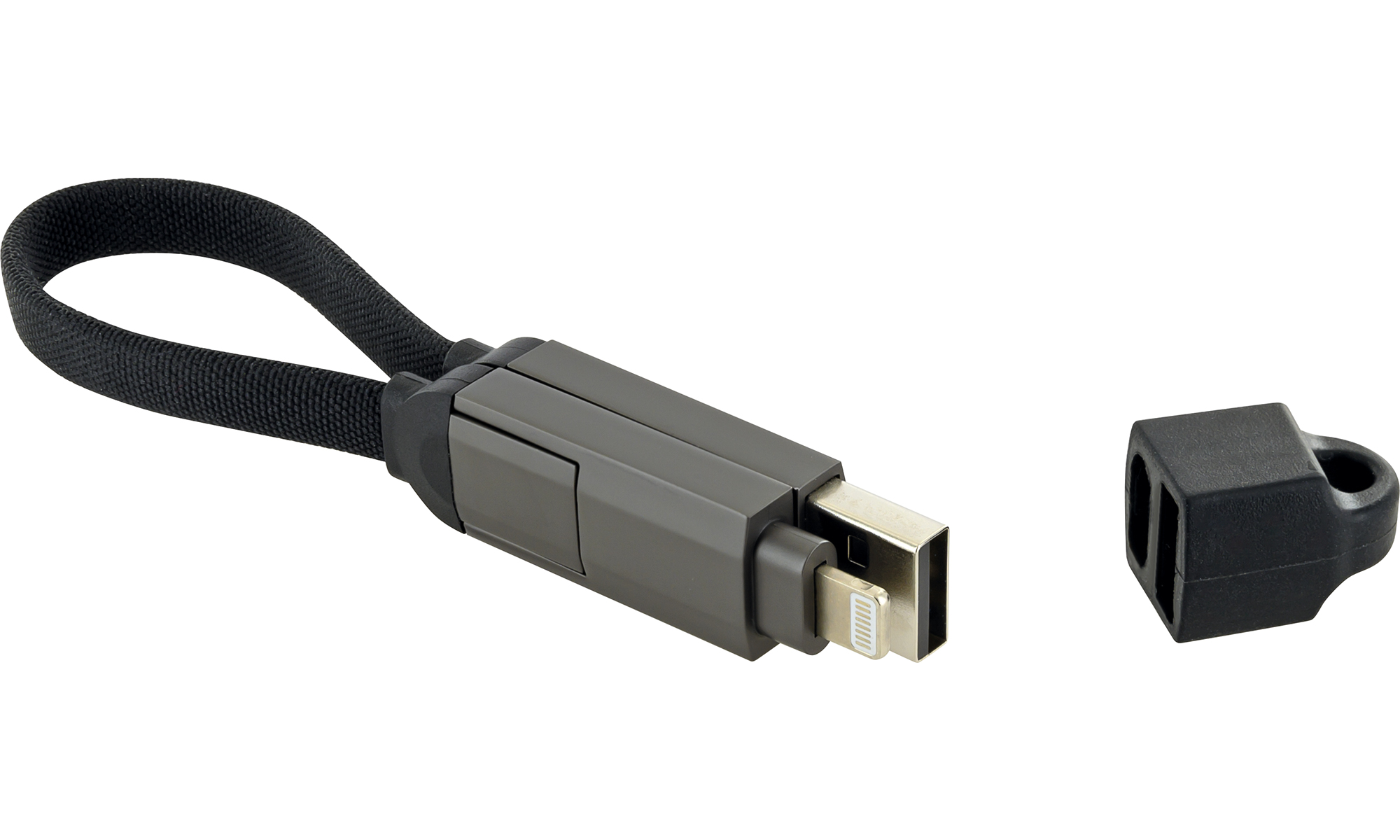 Schwarz-grauer Multi-Anschluss. Ein Ende hat USB, das andere Lightning- und USB-C-Anschlüsse.