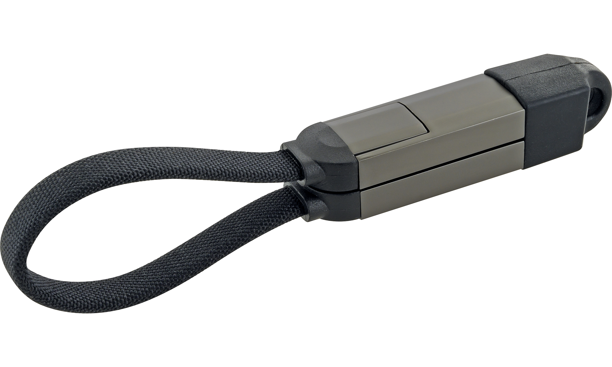 Schwarz-grauer USB-Dongle mit Schlaufe. Der Dongle hat einen Schiebemechanismus.