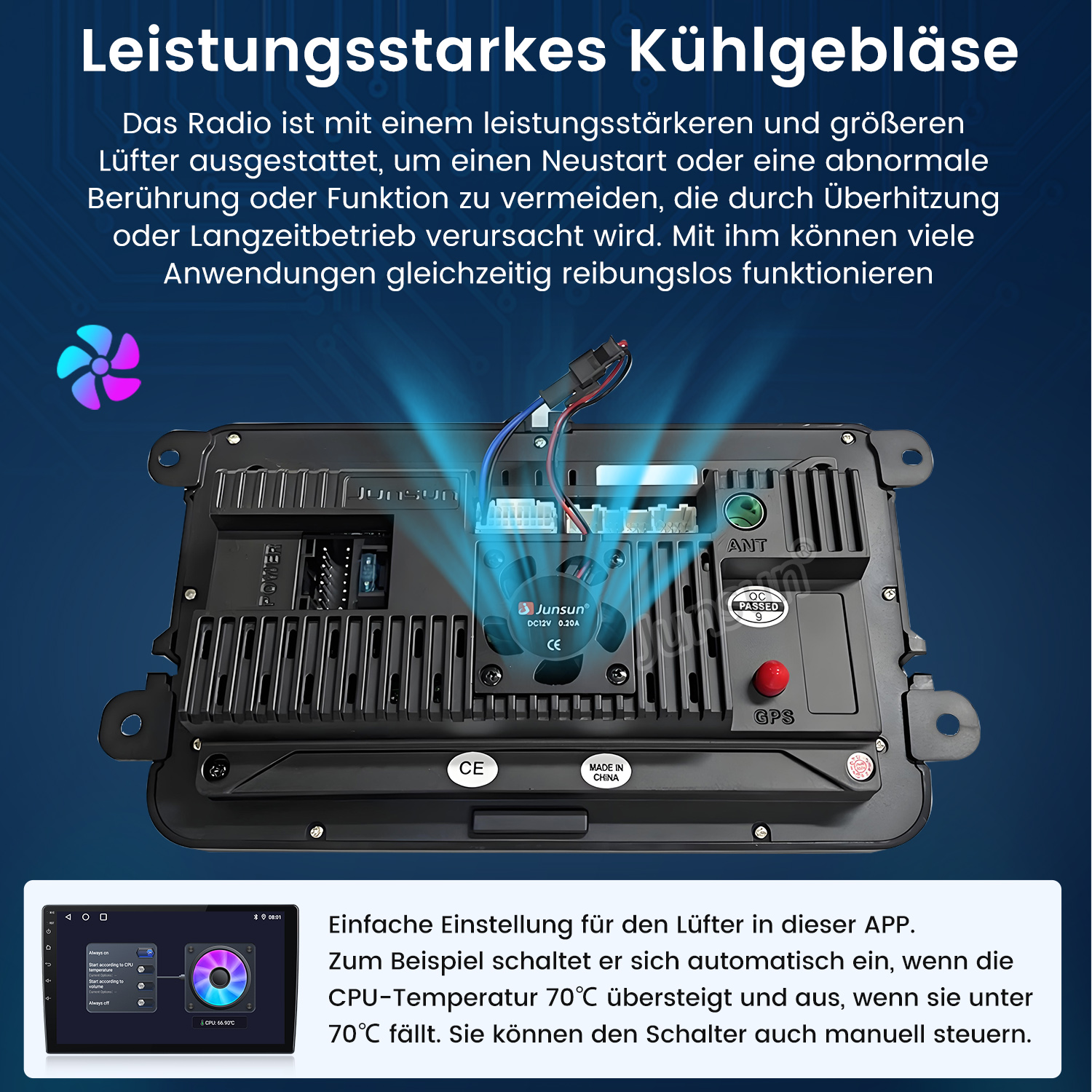 Autoradio-Bildschirm mit mehreren Tasten und Etiketten. Blaues Licht strahlt aus dem Gerät.