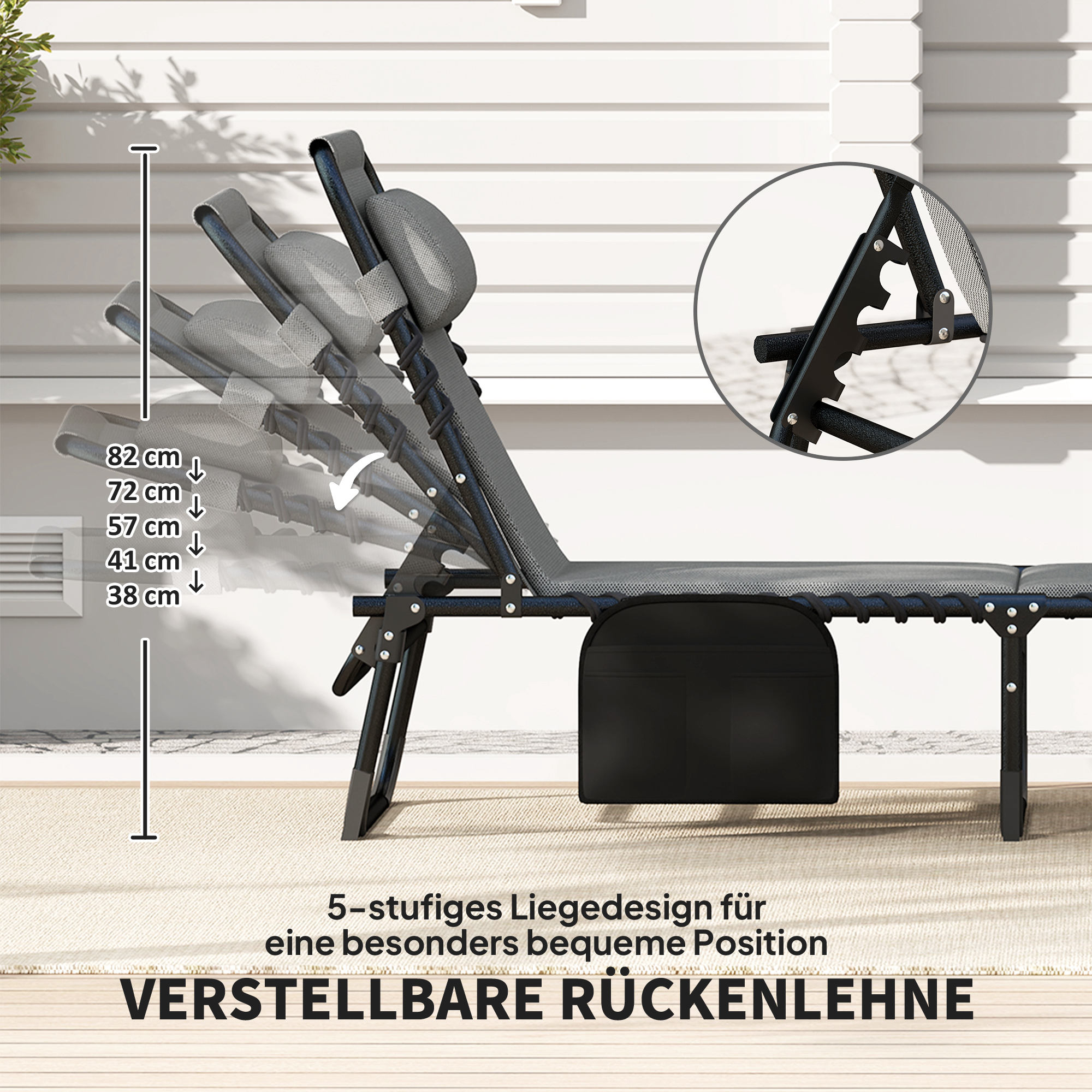 Verstellbare Outdoor-Liege in mehreren Positionen. Textdetails 'verstellbare Rückenlehne' und 5-stufiges Design.