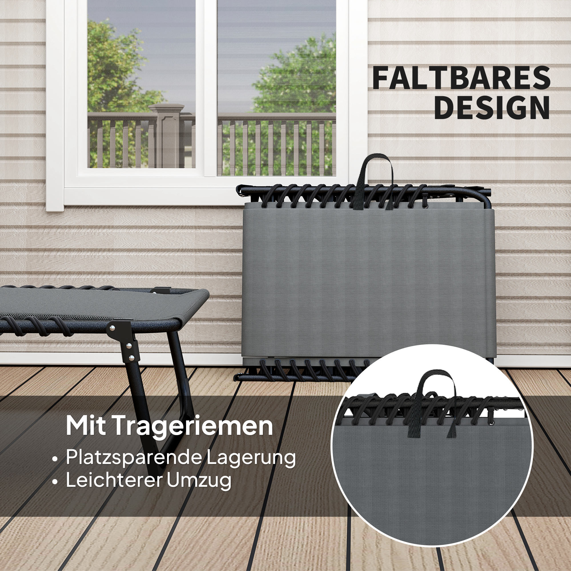 Faltbares graues Trampolin, gefaltet neben einer Terrasse. Es hat Tragegurte und eine Nahaufnahme des Stoffes.