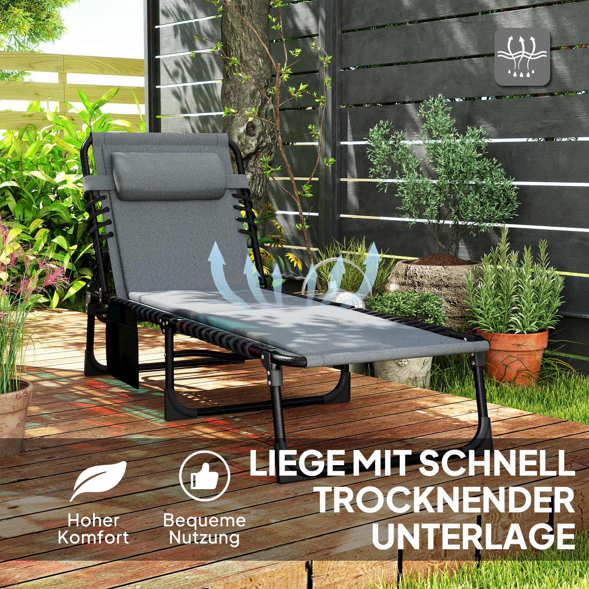 Graue Outdoor-Liege auf Holzdeck mit Pflanzen. Text weist auf schnell trocknendes Material hin.