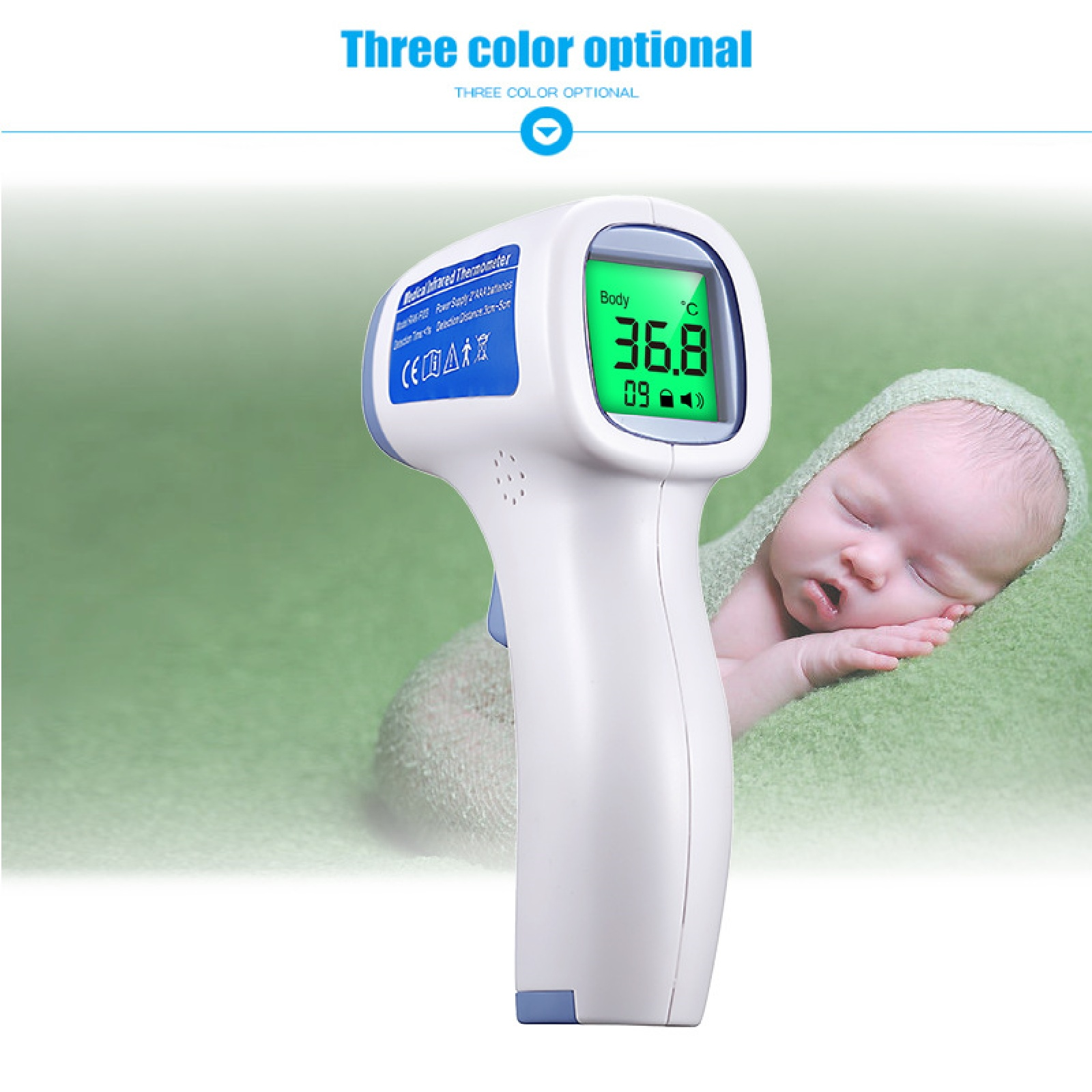 Ein weißes digitales Thermometer mit grünem Display, das 36,8 Grad misst. Ein schlafendes Baby im Hintergrund.