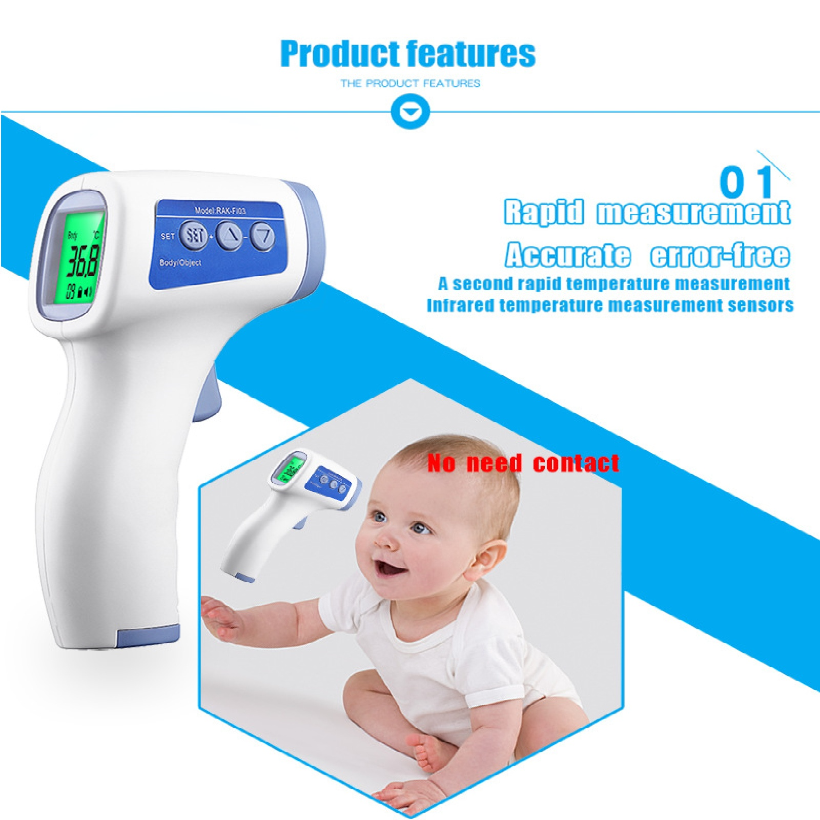 Ein Baby lächelt vor einem Thermometer. Das Thermometer zeigt 36,8 Grad an.