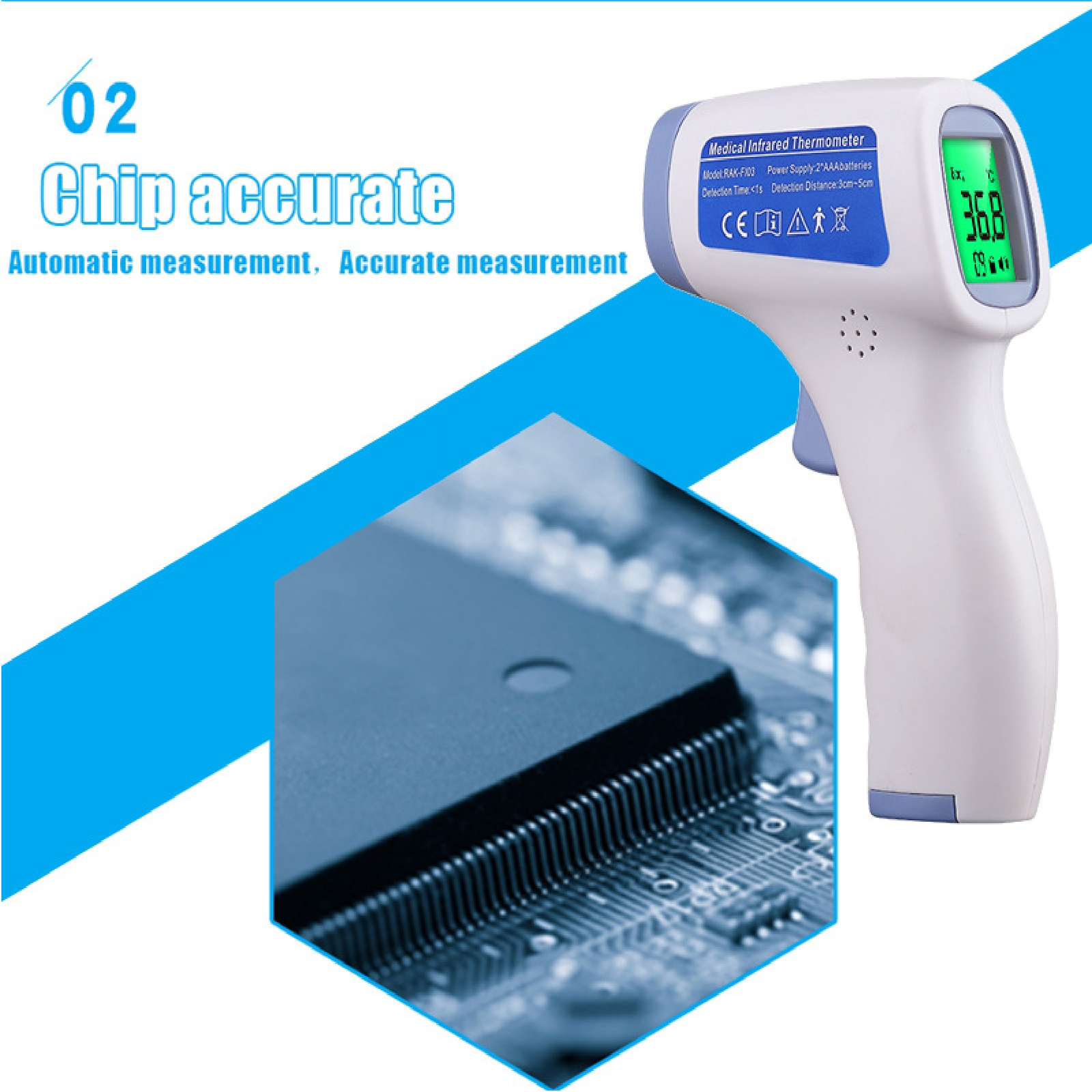 Ein digitales Thermometer mit grünem Display, das 36,8 Grad anzeigt. Ein Chip und blauer Hintergrund ebenfalls gezeigt.