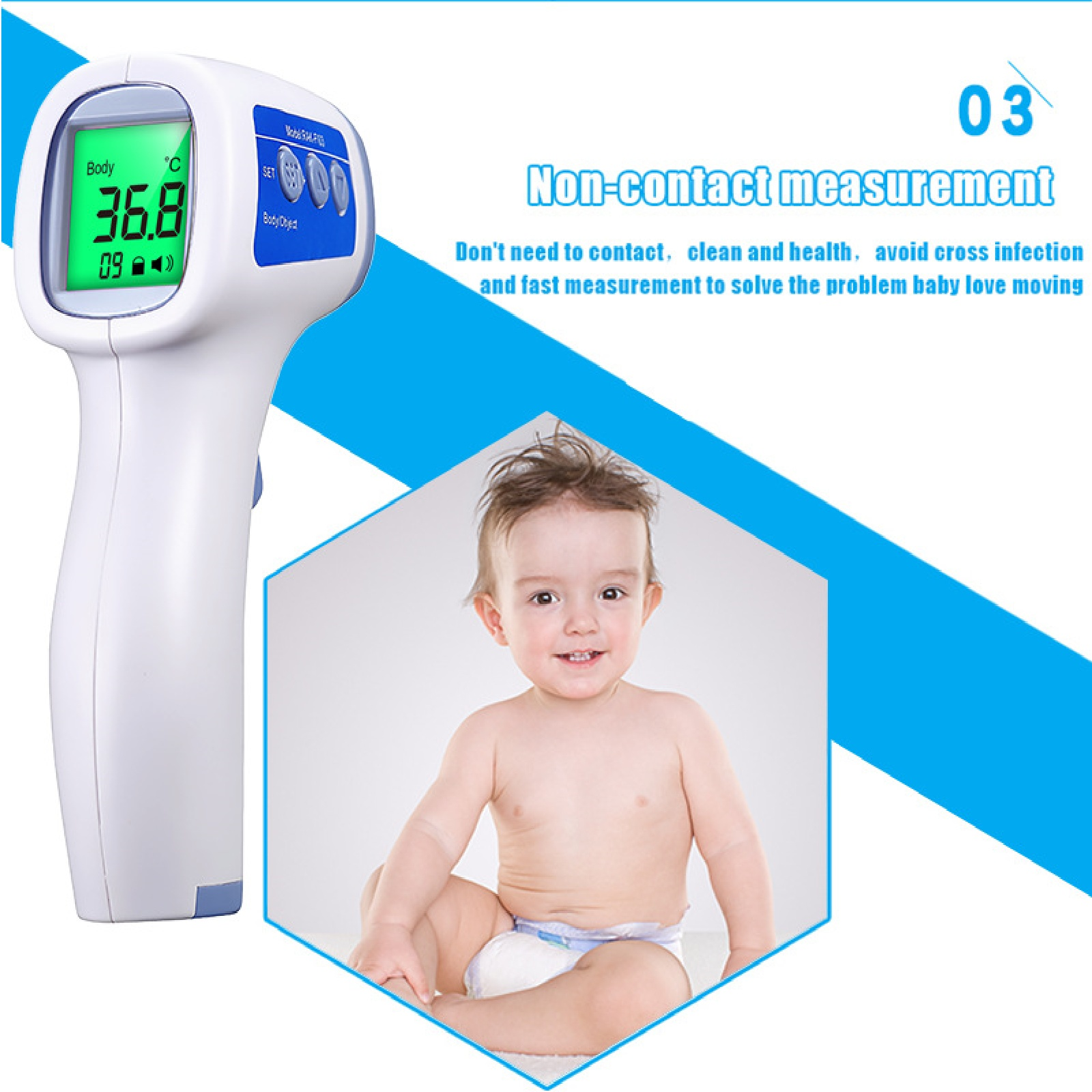 Ein Baby lächelt mit Windel vor einem Thermometer.