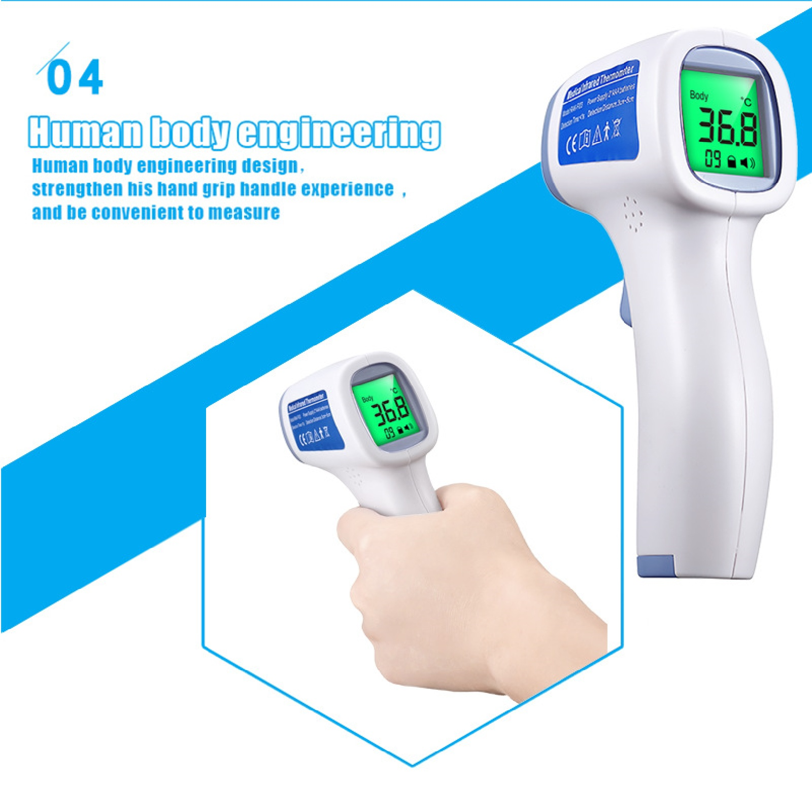 Ein Handheld-Thermometer. Das Gerät ist weiß, mit einem Digitaldisplay, das eine Temperatur von 36,8 °C anzeigt.