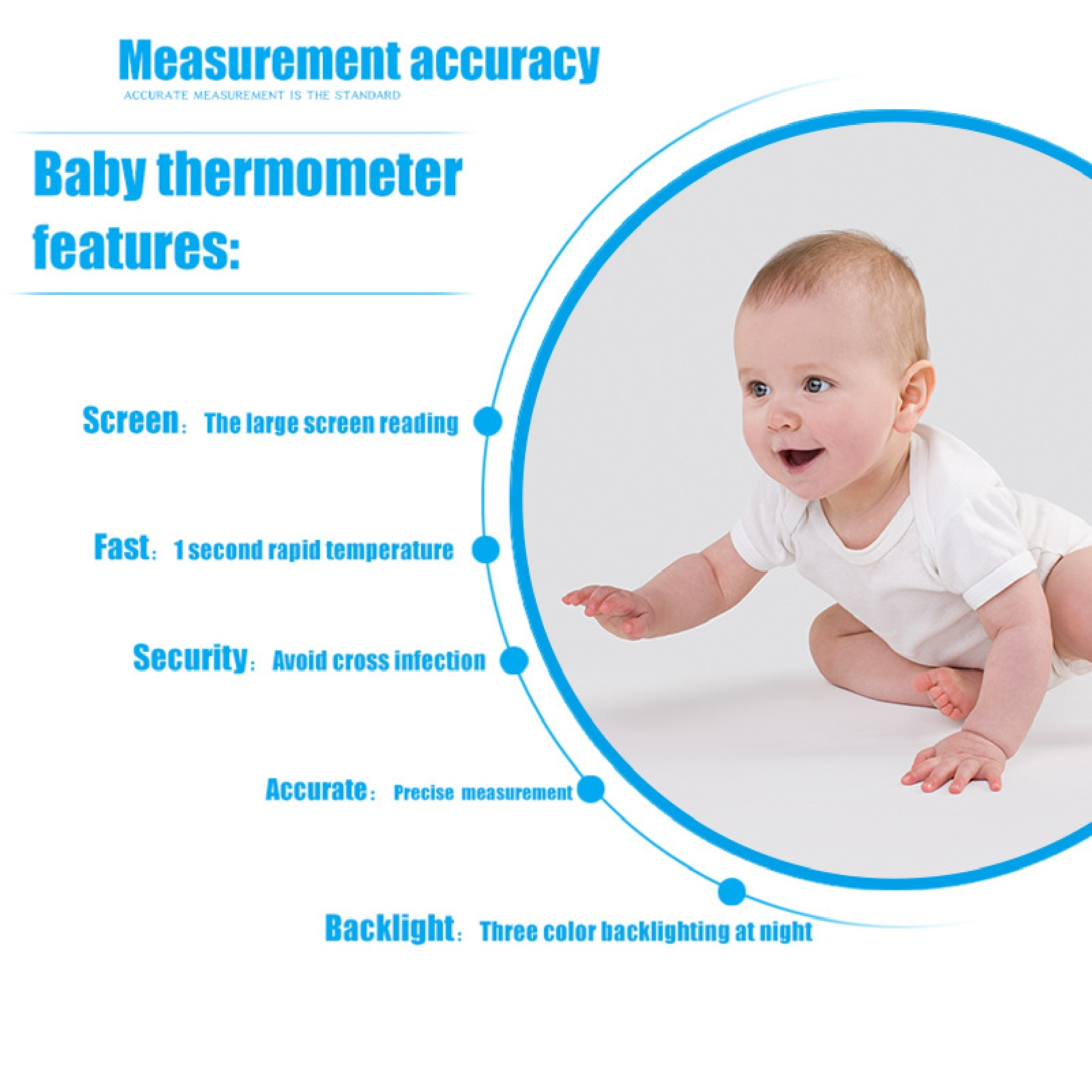 Baby krabbelt nach rechts. Textdetails zu den Merkmalen des Babythermometers.
