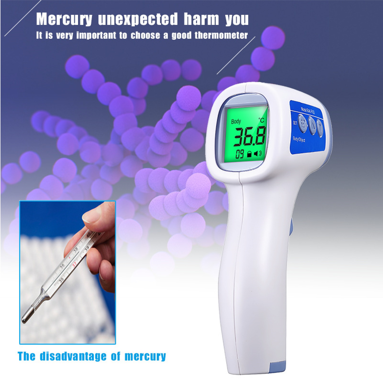Digitales Thermometer, Quecksilberthermometer und abstrakter lila Hintergrund. Das Bild zeigt Quecksilberschäden.