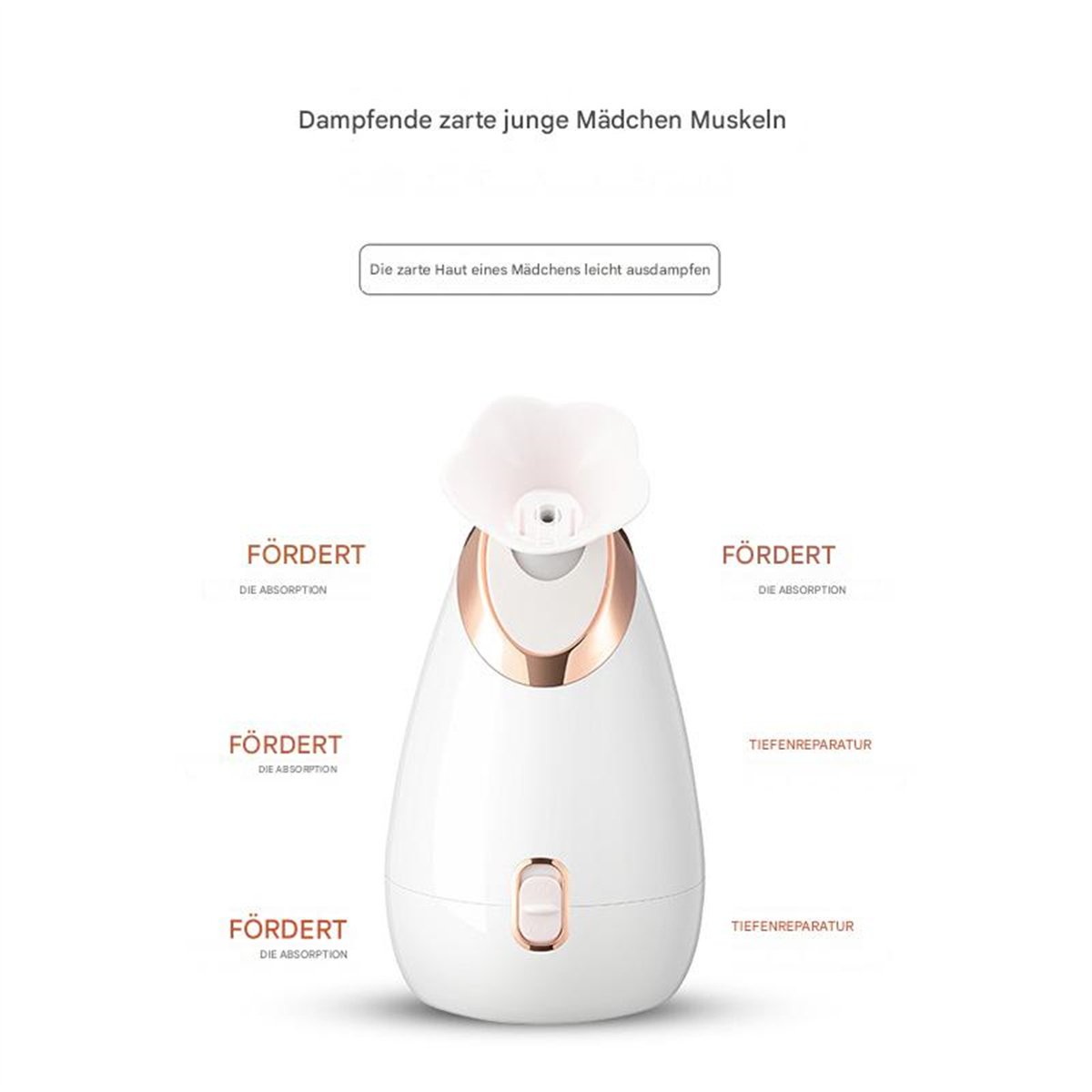 Gesichtsdampfer mit weißem und roségoldenem Design, mit Text darum.