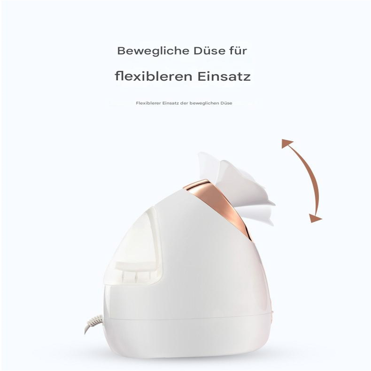 Weißer Gesichtsdampfer mit roségoldenen Akzenten, mit Bewegungspfeil.