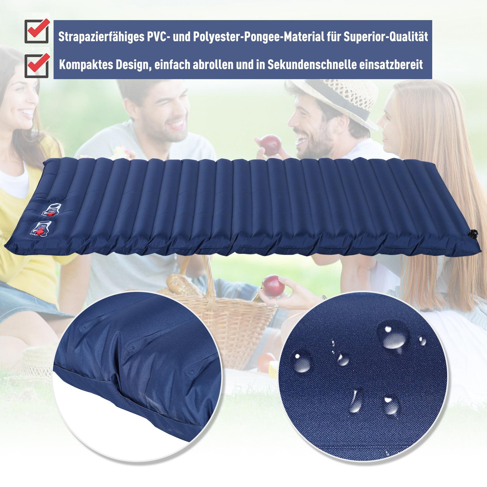 Blaue Luftmatratze mit Materialdetails und einer Personengruppe im Hintergrund.