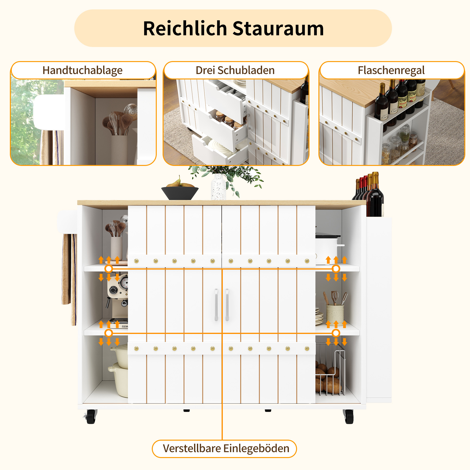 Weiße und hölzerne Kücheninsel mit Stauraumbereichen: Handtuchhalter, Schubladen und Flaschenregal, mit Pfeilen.