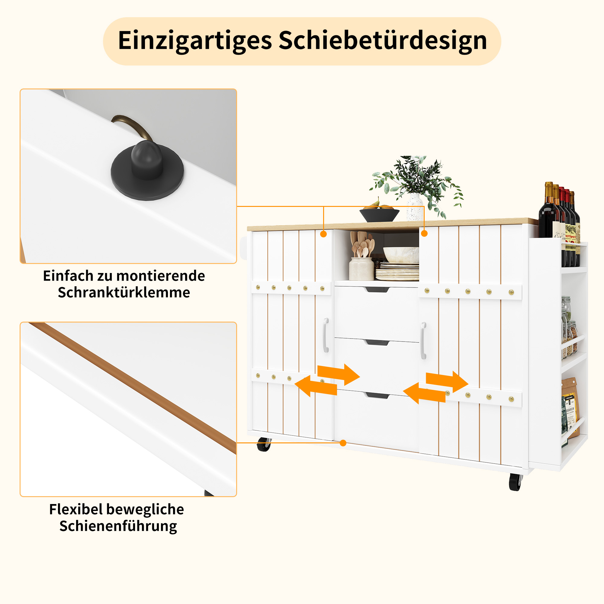 Nahaufnahme einer weißen Kücheninsel mit Schiebetürdesign. Enthält Schubladendetails und Schrankmerkmale.