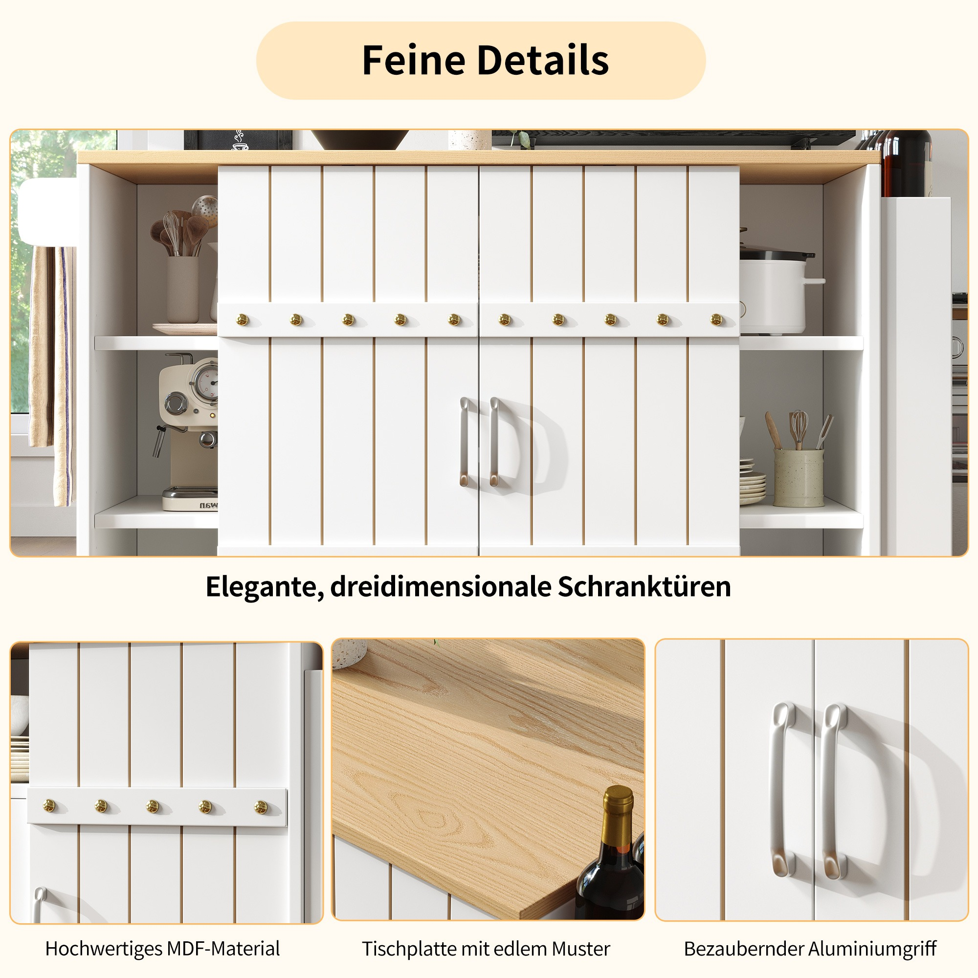 Weiße Kücheninsel mit eleganten Schranktüren, Holzplatte und Metallgriffen. Details zum MDF-Material werden gezeigt.
