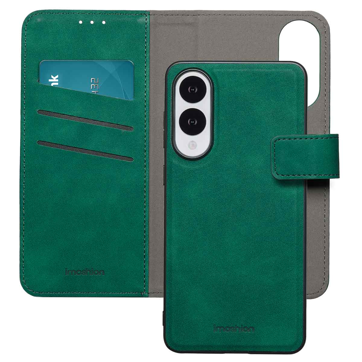 Groene telefoonhoes met creditcardsleuven. Telefoon met camera in de hoes.