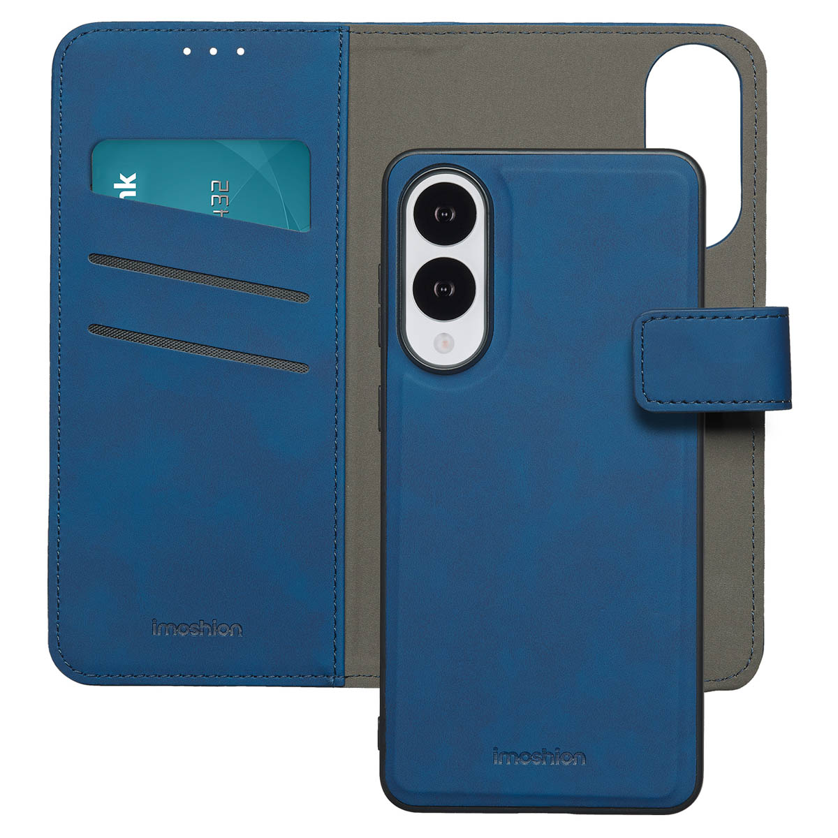 Blauwe telefoonhoes met creditcardsleuven. Telefoon zit in de hoes.