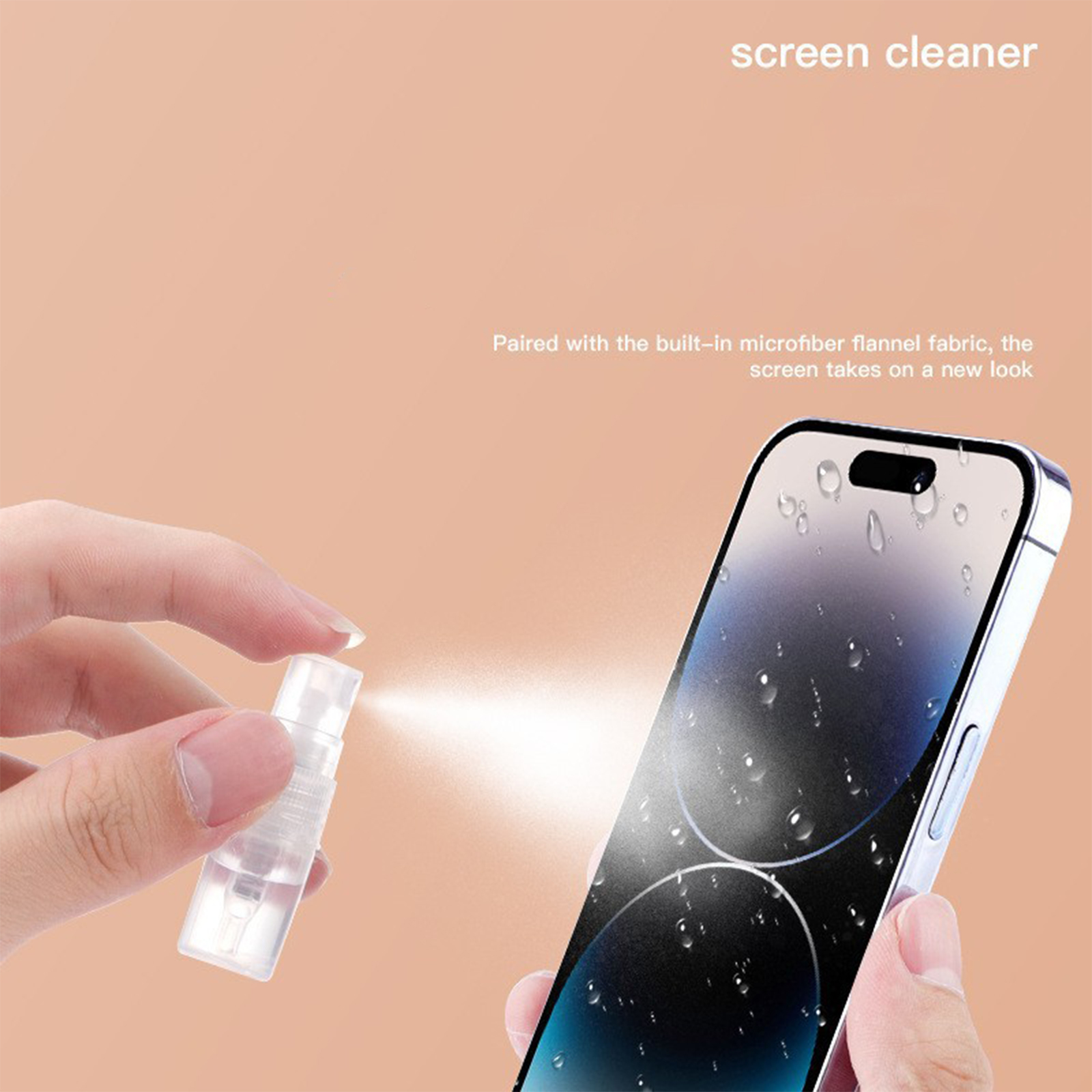 Hand sprüht Bildschirmreiniger auf ein Telefon. Text: Bildschirmreiniger. Telefonbildschirm ist nass. Hintergrund ist beige.