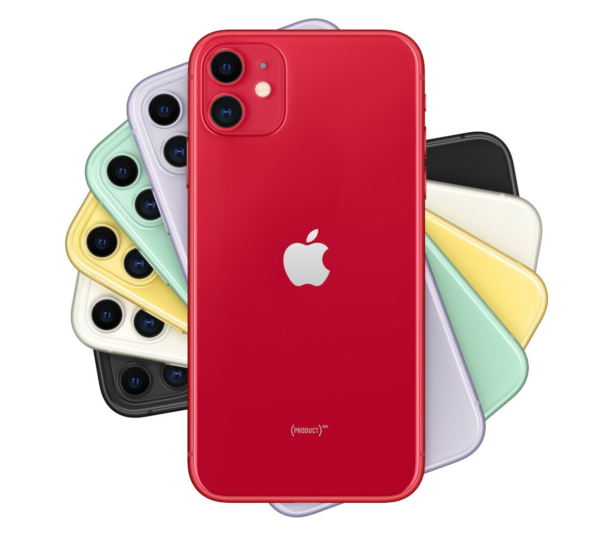 Wiele iPhone'ów 11 ułożonych w okrąg, pokazujących tyły. Czerwony telefon pośrodku z logo Apple.