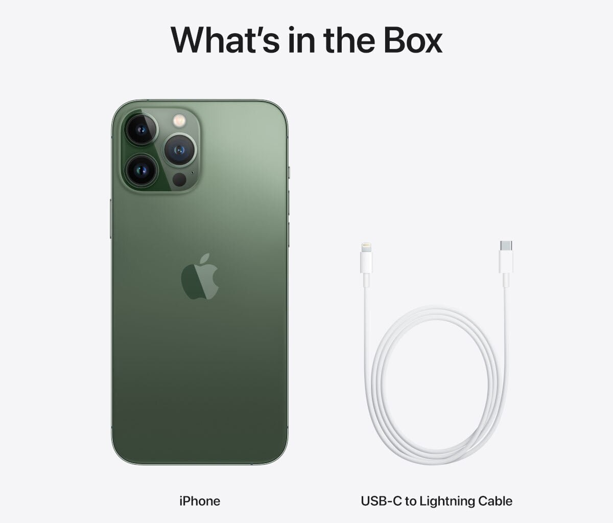 iPhone verde e cavo da USB-C a Lightning bianco su sfondo bianco. Testo: What's in the Box.