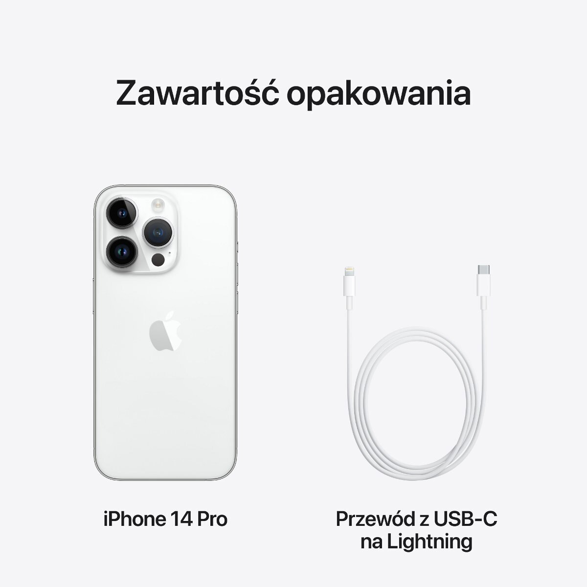 Biały iPhone 14 Pro i biały kabel USB-C do Lightning na białym tle. Tekst: Zawartość opakowania.