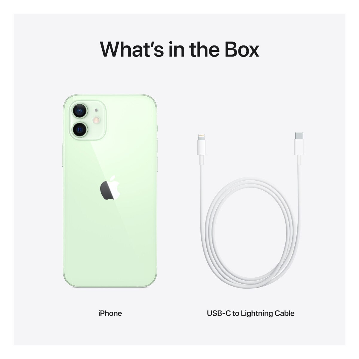Un telefono verde, un cavo di ricarica e una scatola bianca. Il telefono mostra il logo Apple.