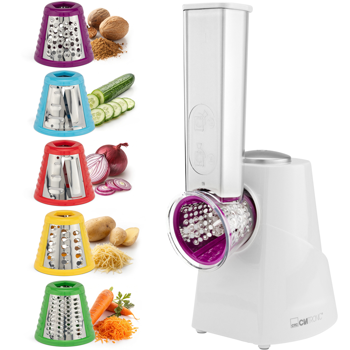 Krajalnica do warzyw z różnokolorowymi stożkami i pokrojonymi warzywami.