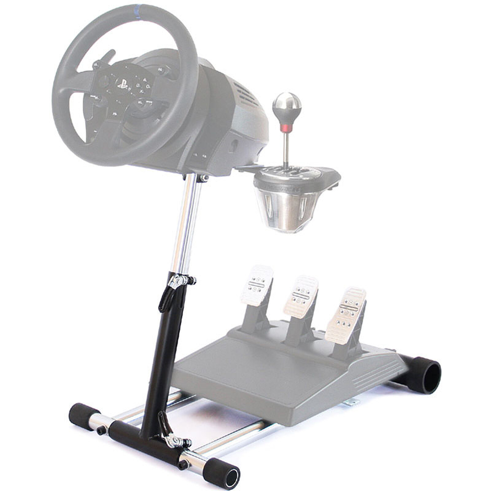 Ein Rennsimulator-Setup mit Lenkrad, Schalthebel und Pedalen, die auf einem schwarzen Rahmen montiert sind.