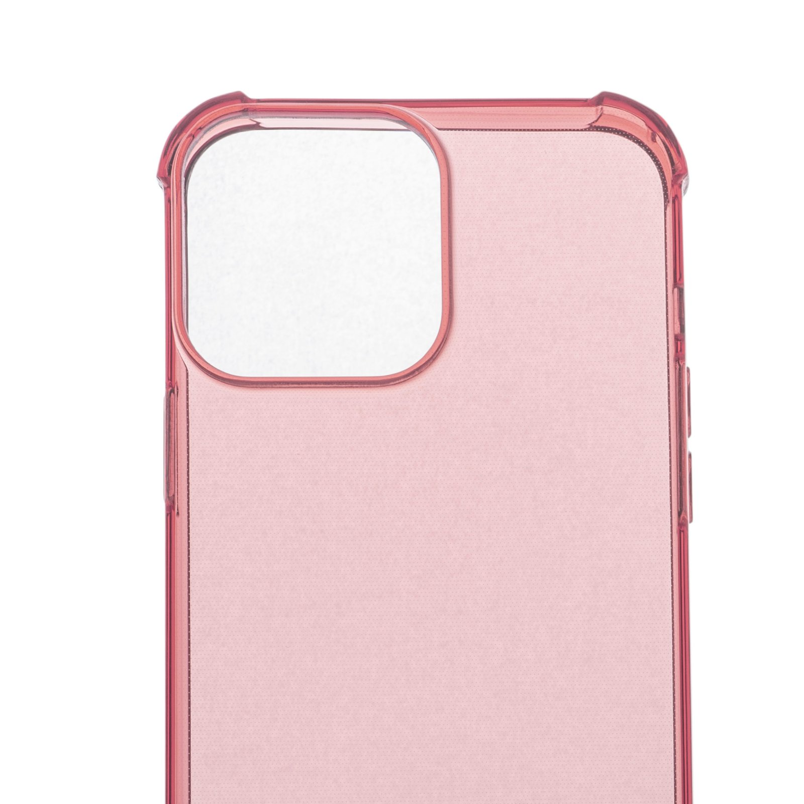 Funda rosa, transparente. Primer plano, muestra orificio de cámara y parte superior.
