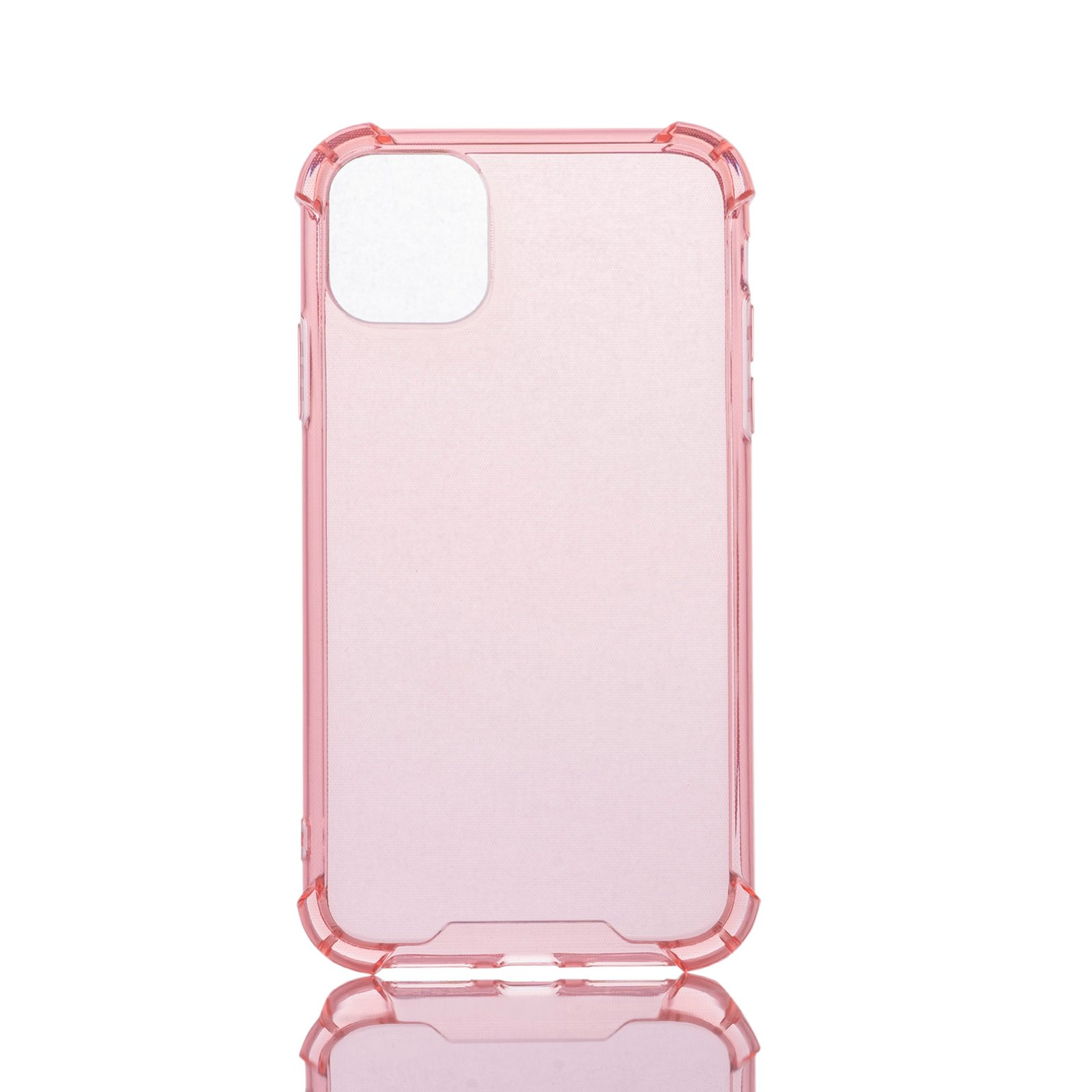 Funda rosa para teléfono, transparente. Reflejada en superficie, vista trasera y lados.