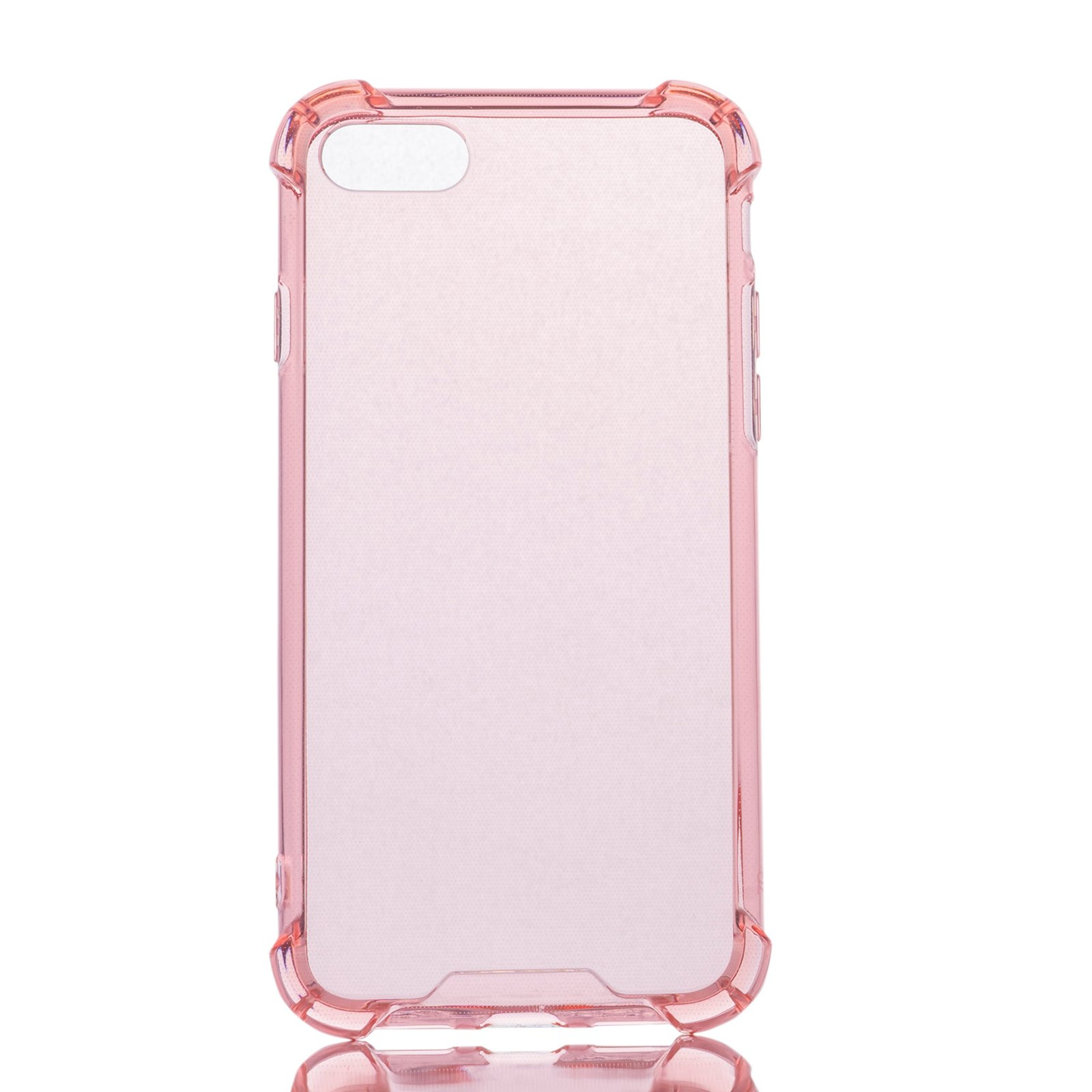 Funda rosa, transparente. Muestra trasera y lados, orificio cámara arriba.