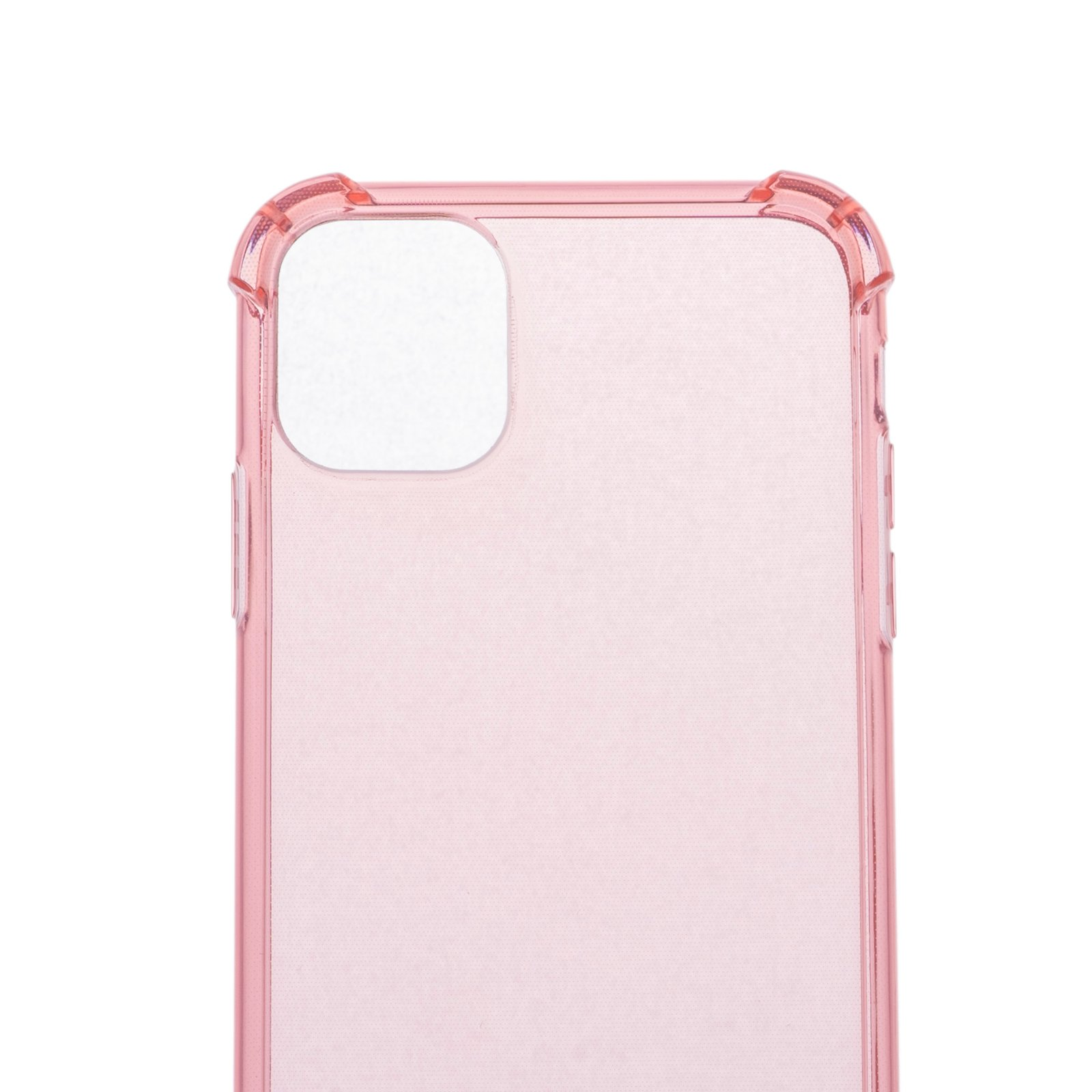 Funda rosa, transparente. Primer plano, muestra orificio de cámara y parte superior.