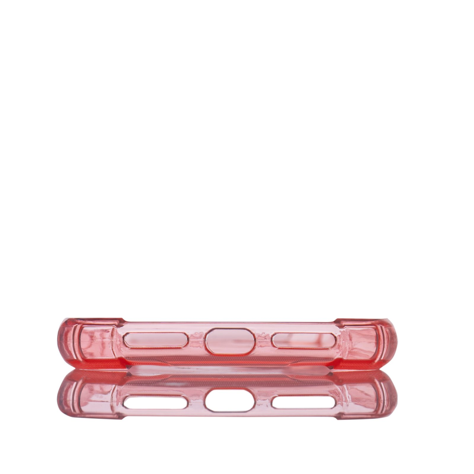 Funda rosa, transparente. Vista inferior, muestra orificios carga y altavoz.