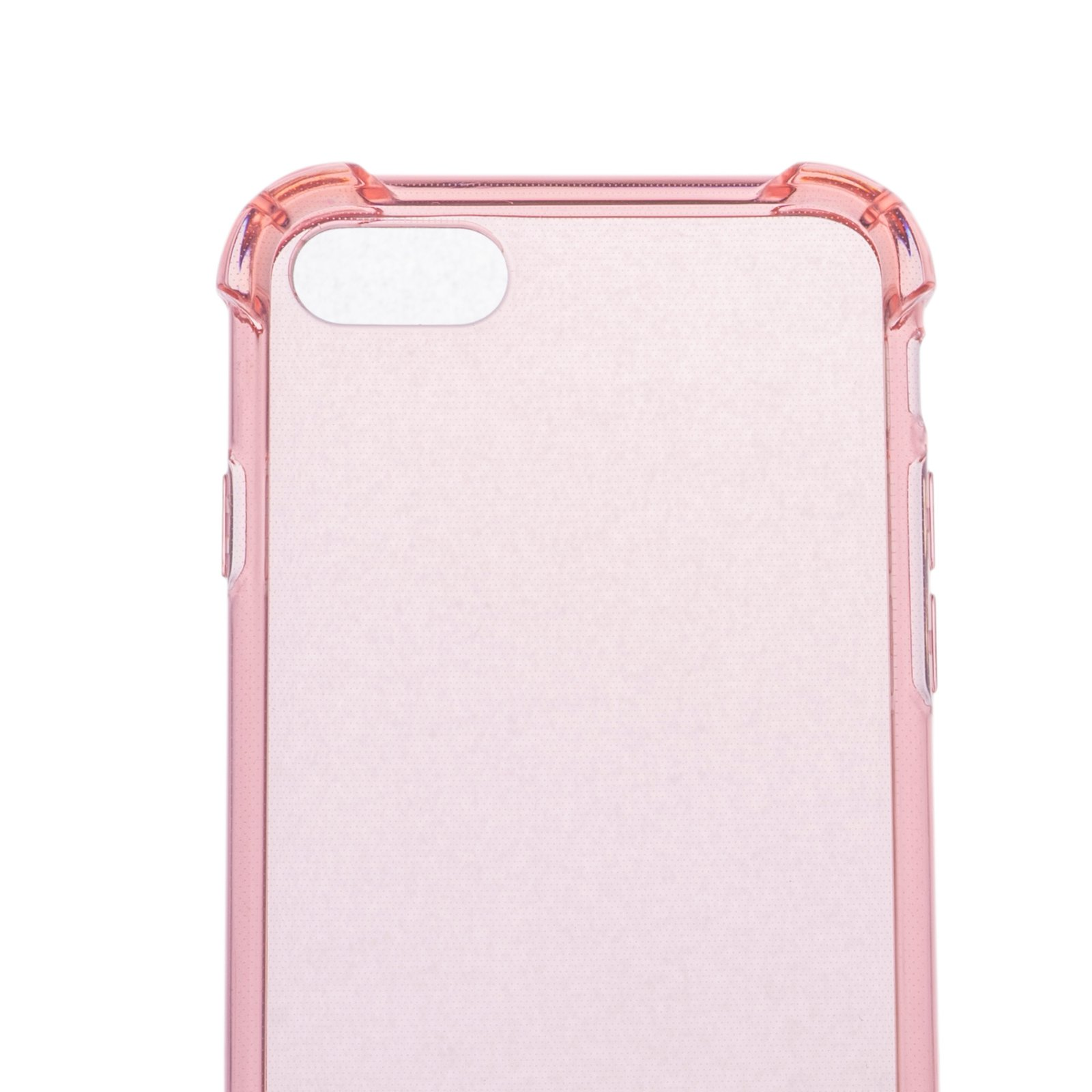 Funda rosa, transparente. Primer plano, detalles orificio cámara y parte superior.