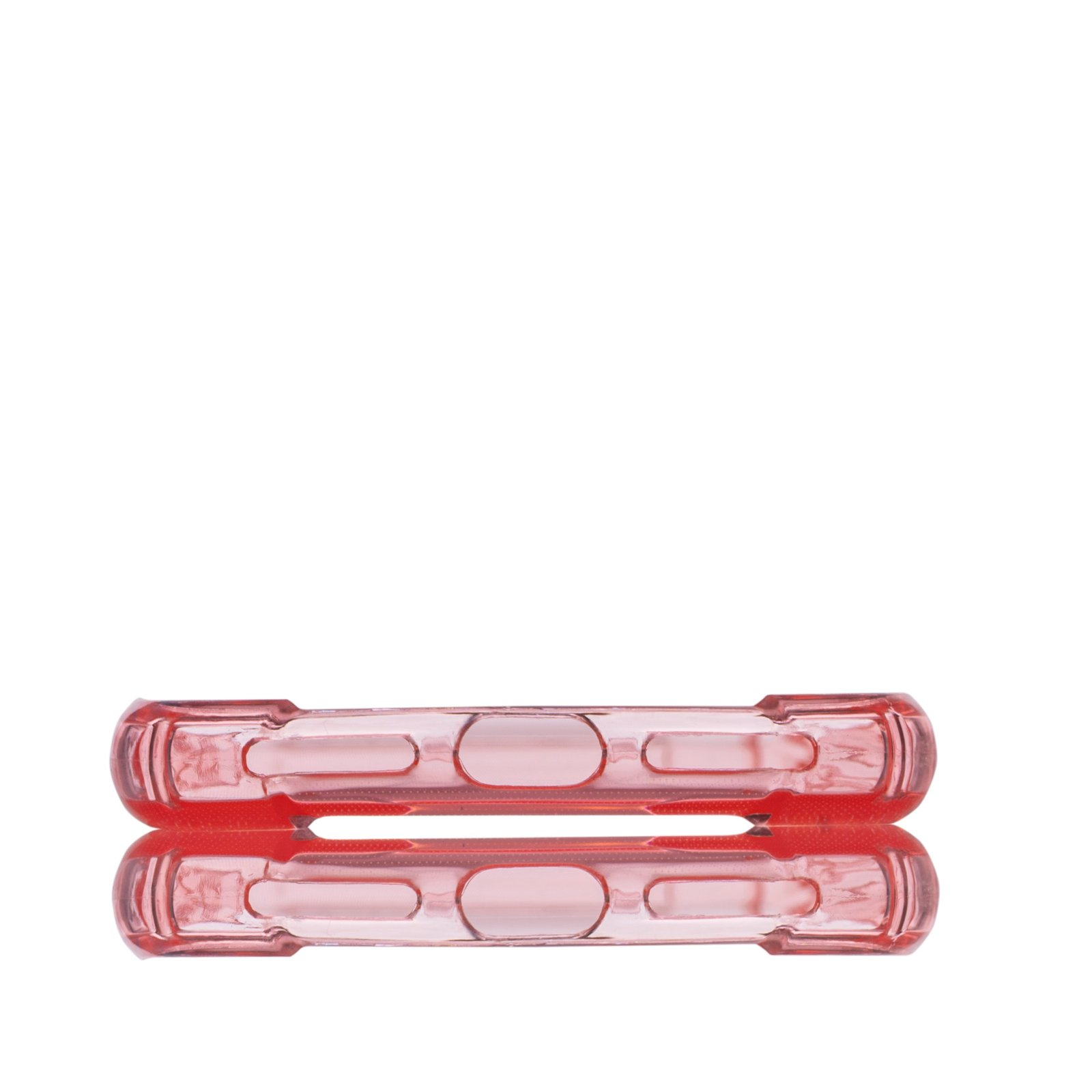 Funda rosa, transparente. Vista inferior, muestra orificios carga y altavoz.