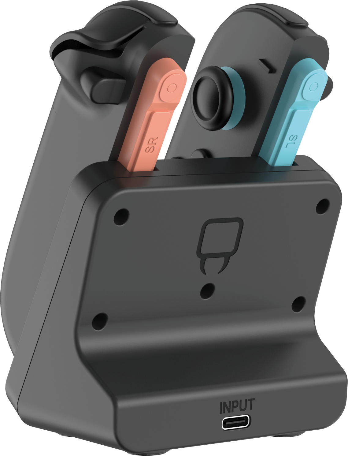 Base di ricarica per controller di gioco nera con inserti controller arancioni e blu. Ha una porta di ingresso in basso.