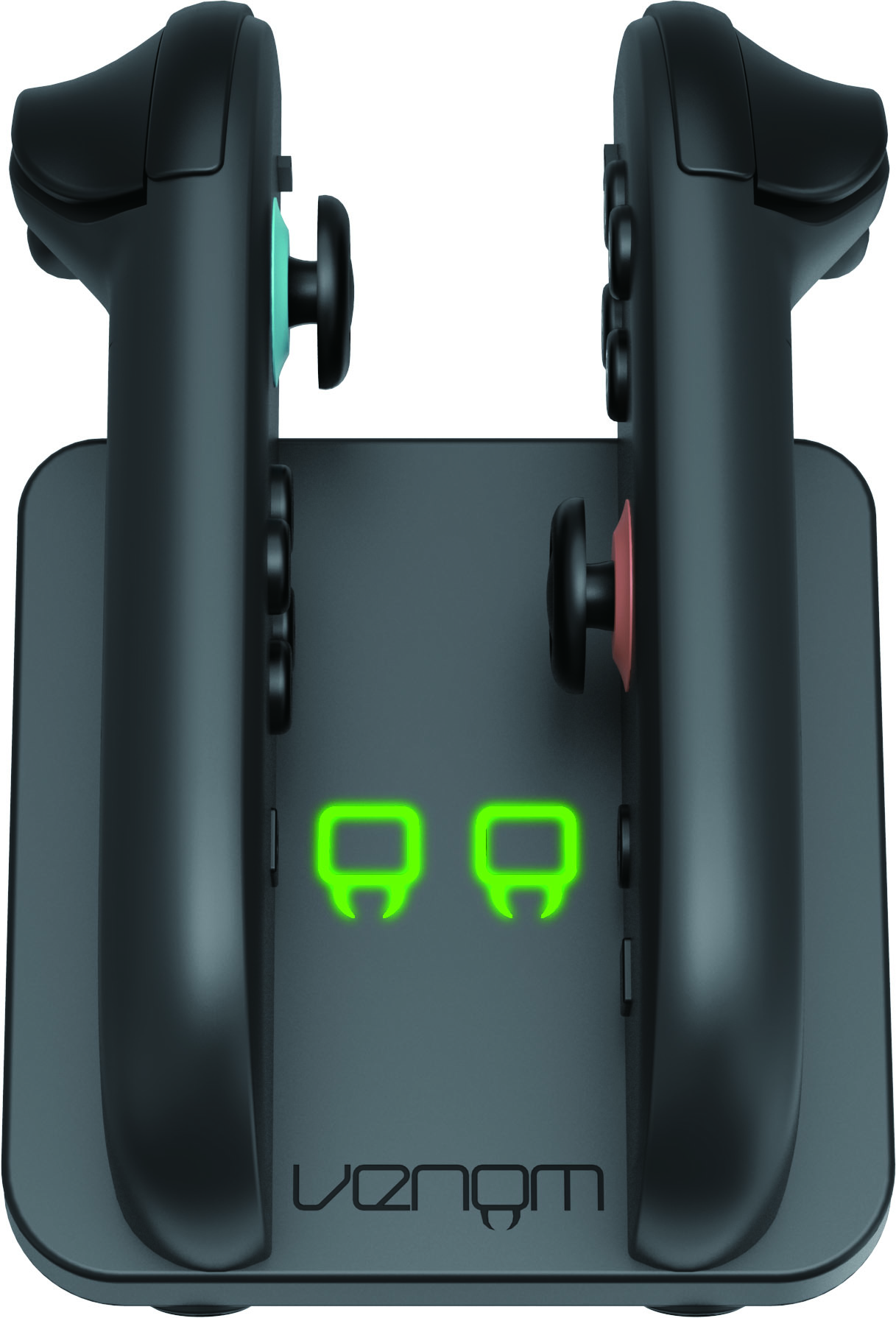 Base per controller di gioco nera con due controller, carica verde illuminata.
