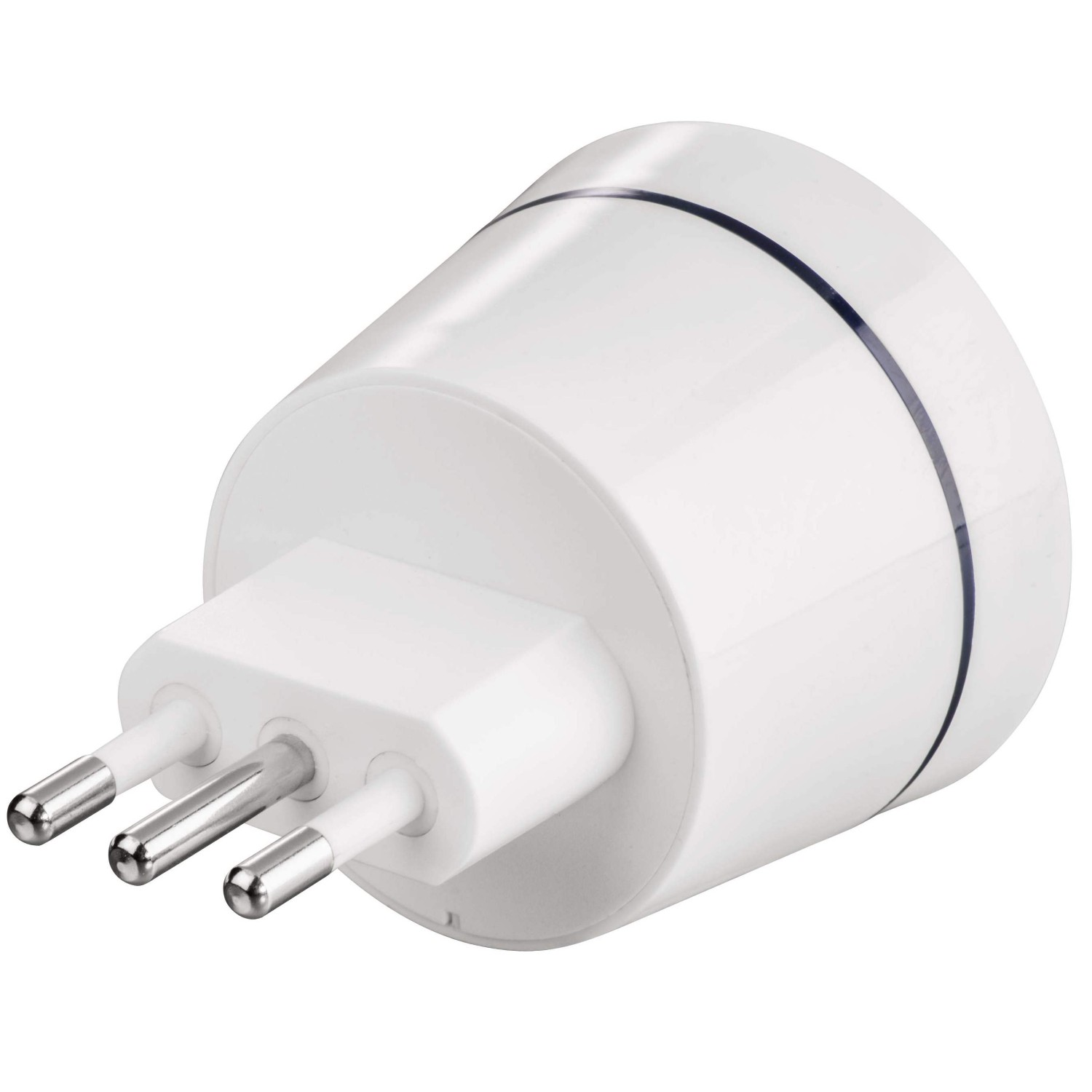 Weißer, abgewinkelter Adapterstecker mit drei Stiften, schwarze Linien.
