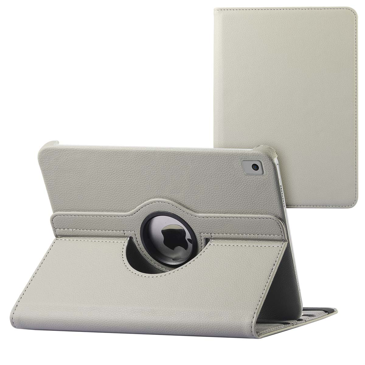 A light grey tablet case with a rotating stand and a closed cover.