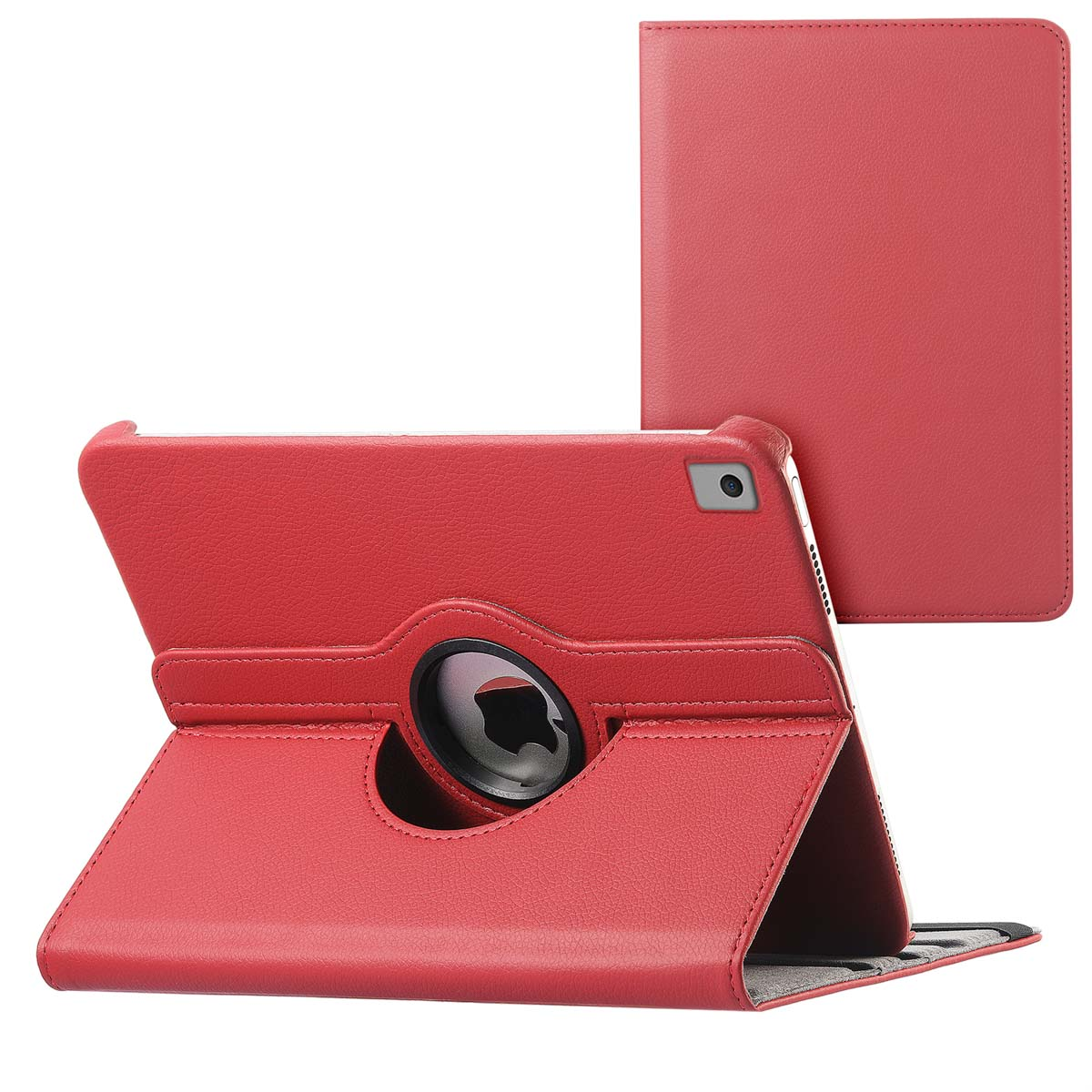 A red tablet case with a rotating stand and a closed cover.